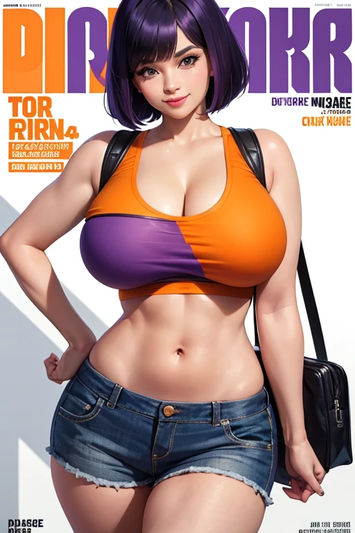 Magazine cover, Dora, sexy pose, big breasts, curvy, smile, bob haircut, purple crop top, orange mini shorts, purple backpack
