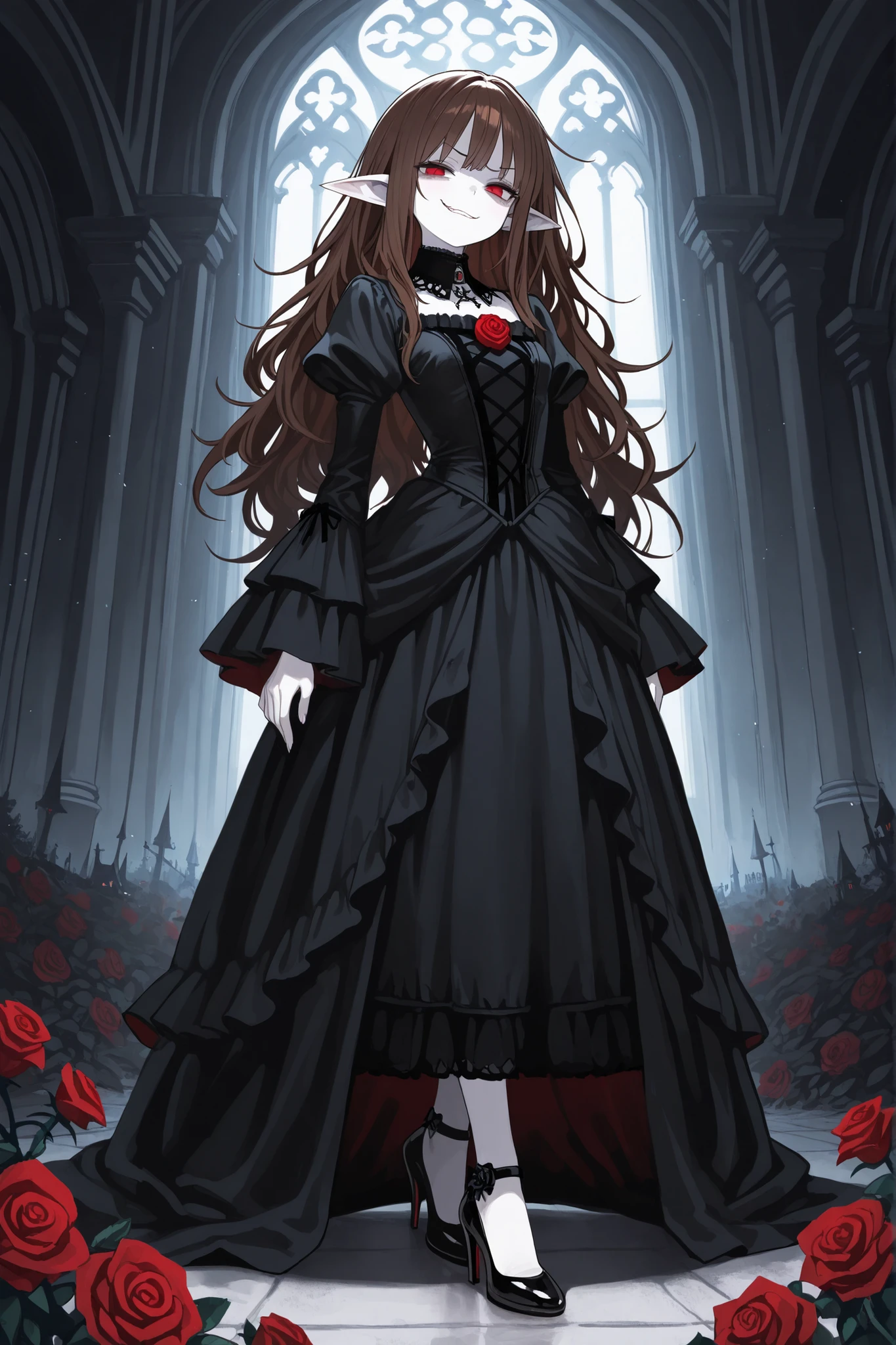 masterpiece , best quality , amazing quality , very aesthetic, woman, white skin, pale skin, tall, rounded elf ear, red eyes, drooping eyes, cold look, white pupil, feline pupil, long messy hair, brown hair, bangs, sharp canines, smirk, black gothic dress, heels, background magical castle, roses
