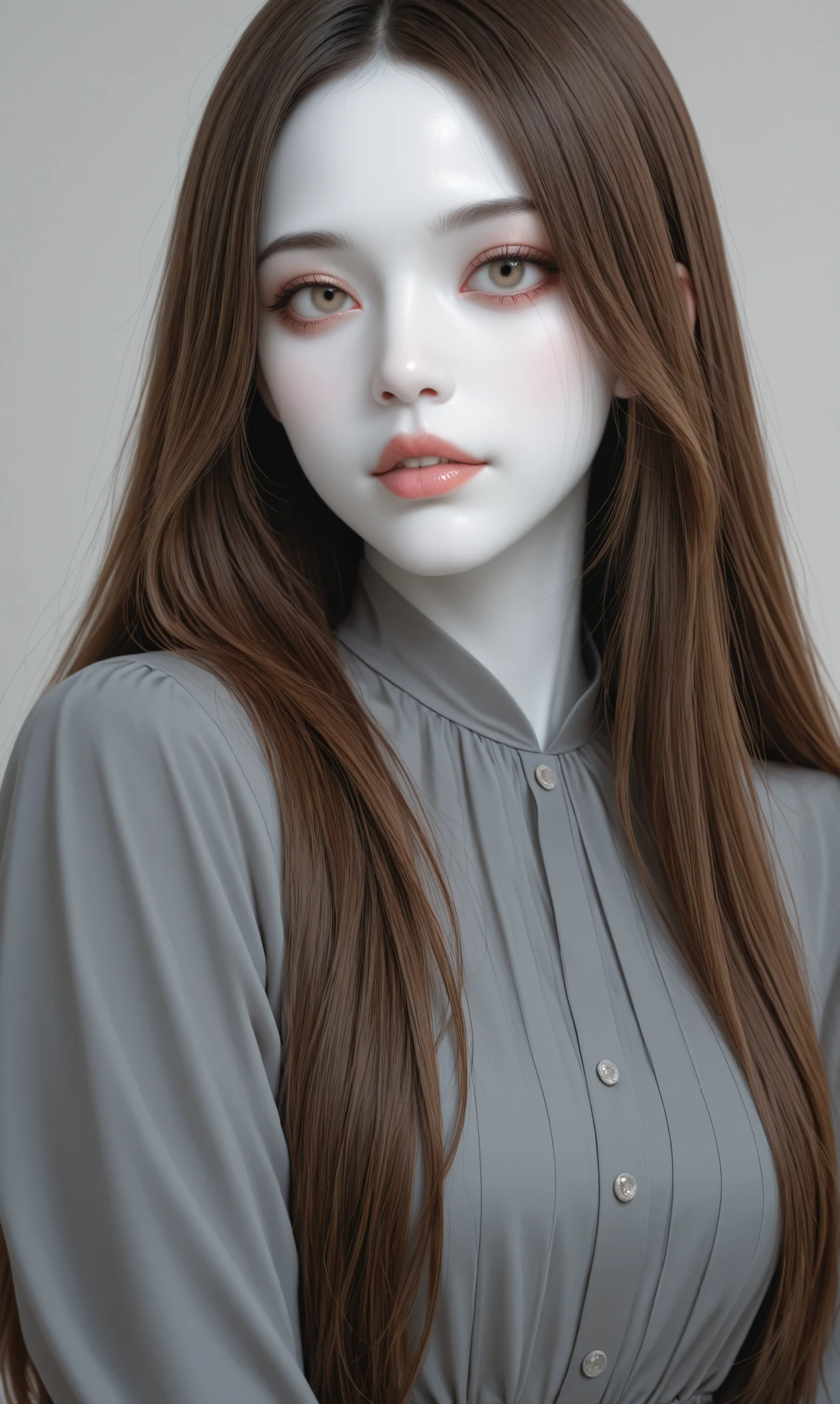 Girl, long straight brown hair, hazel eyes, sharp features, white skin, lip gloss, beautiful, perfect, wearing an elegant gray sleeved dress, bright colors, high quality resolution .