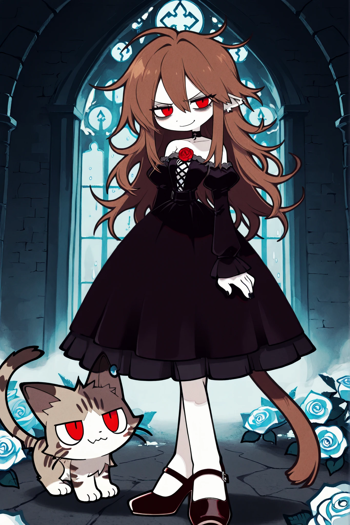 masterpiece , best quality , amazing quality , very aesthetic, woman, white skin, pale skin, tall, rounded elf ear, red eyes, drooping eyes, cold look, white pupil, feline pupil, long messy hair, brown hair, bangs, sharp canines, smirk, black gothic dress, heels, background magical castle, roses