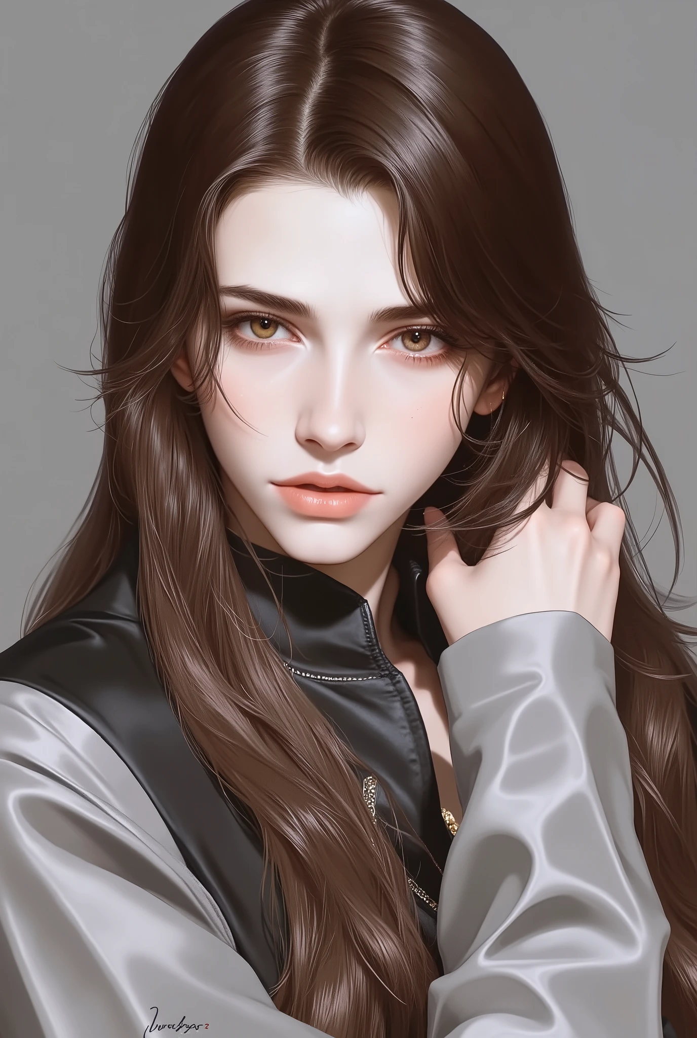 Girl, long straight brown hair, brown eyes, sharp features, beautiful, perfect, elegant white skin, wearing a shirt with gray sleeves, delicate art, bright and clear colors, high quality resolution .