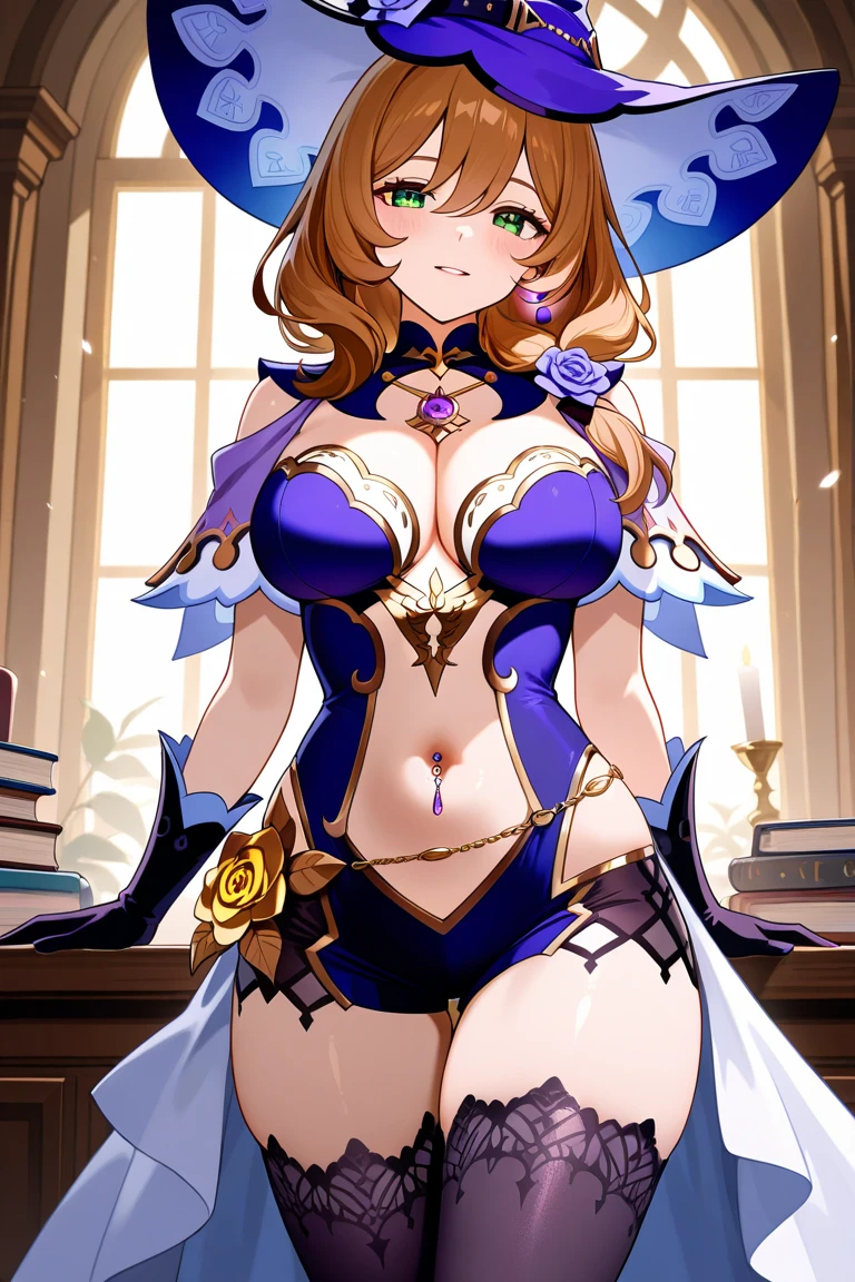<lora:妮é²:1>ï¼1girl, lisa_\(genshin_impact\), breasts, green_eyes, hat, solo, gloves, brown_hair, looking_at_viewer, witch_hat, blush, thighhighs, purple_headwear, large_breasts, covered_nipples, smile, black_gloves, pelvic_curtain, spread_legs, blurry, flower, blurry_background, long_hair, dress, sitting, vision_\(genshin_impact\), jewelry, earrings, book, bangs, indoors, parted_lips, rose, witch, hair_between_eyes