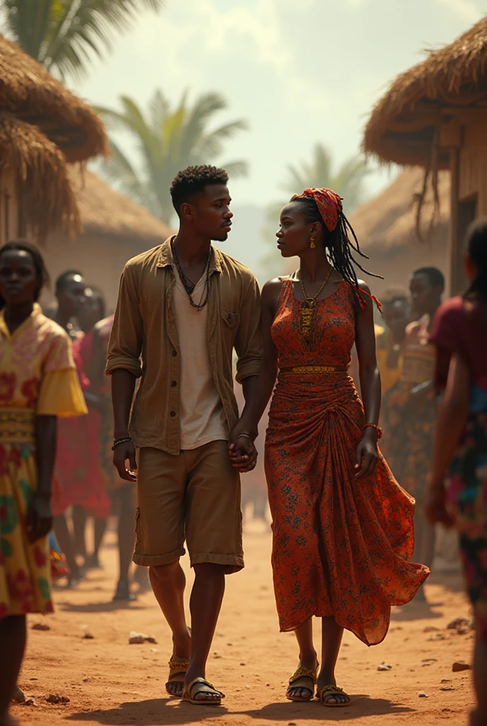 Realistic style. The two characters in the center are Kofi, a homeless African man with a weathered face, wearing tattered clothes, and Amara, an elegant young woman in a white dress and expensive accessories. They stand under a sprawling baobab tree against a sunset backdrop with golden rays illuminating the dusty streets of the African city. Around them is a busy market: ren playing in the dirt, vendors with fruit, old cars in traffic.