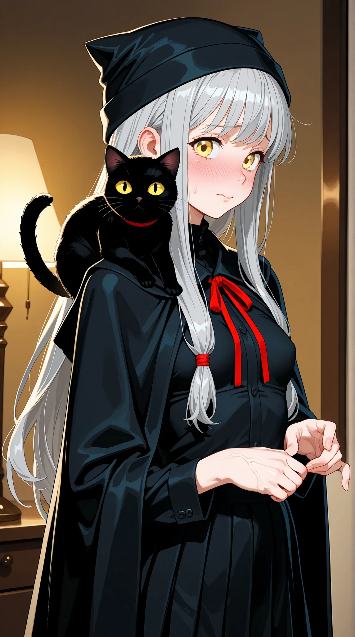 8K (high resolution) (Super Detailed) (masterpiece) (Highest Quality) animation illustration detailed eyes detailed face Feminine Detailed Hands Delicate hair detailed wrinkles on clothes fine skin detailed background early 10s yellow eyes (Grey Hair) Long hair tie the back of the hair with a red ribbon bungs (small ) Flushed cheeks embarrassed look Student uniform Black Shirt black inner Black Cloak Pointy Hat Black cat on shoulder Night City Street lamp see here Dynamic