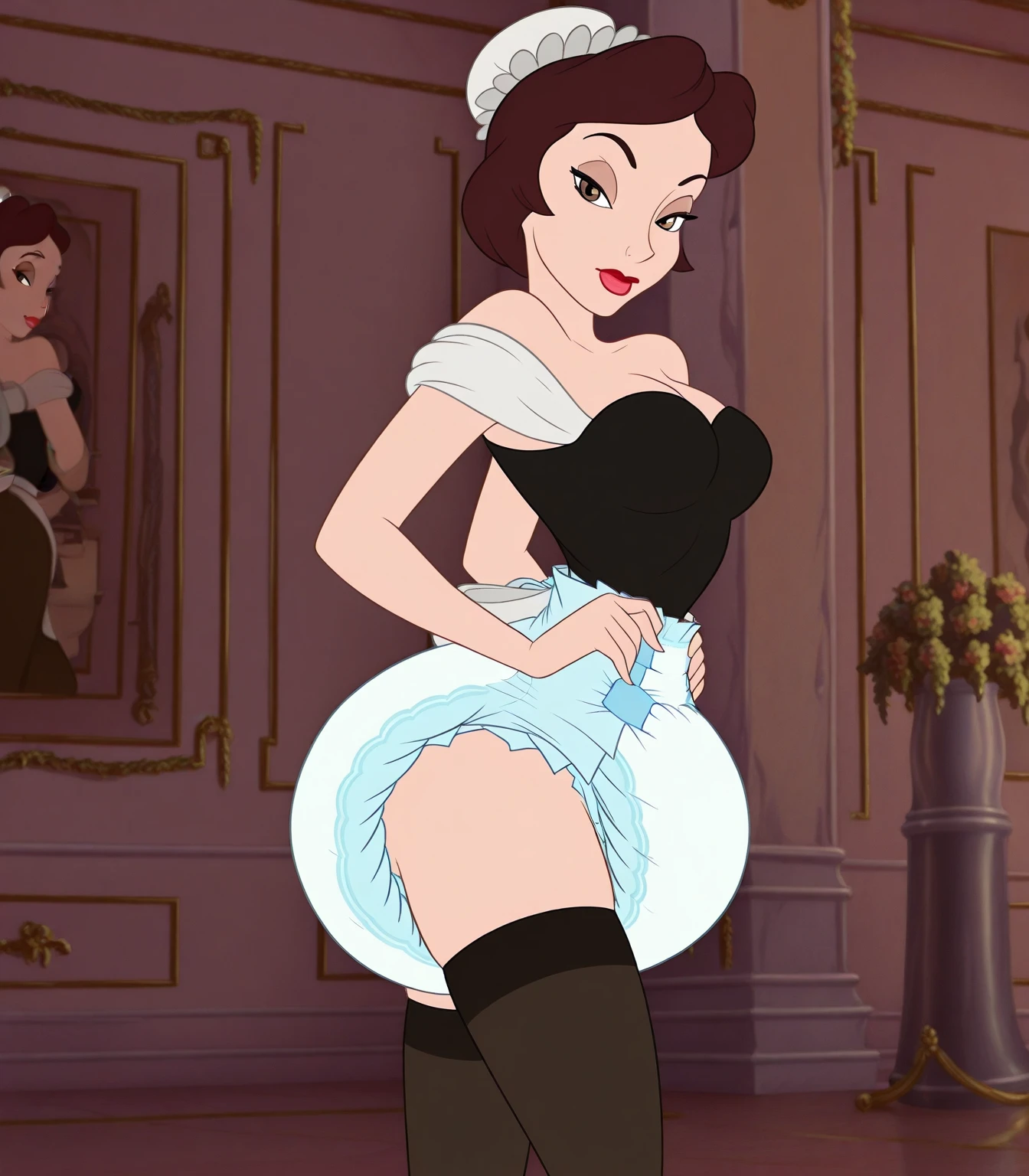 cinematic film still of  <lora:belle91 v1:0.8>
Disney style, classic cinematic cartoon style, belle91 a cartoon of a nude woman in a slaved bondage outfit standing inside a medieval prison at night, perfect image, perfect body, perfect anatomy, sharp image, detailed image, high quality photography, dramatic light style, cinematic background, cinematic contrast, cinematic saturation, cinematic film photography style, belle91 style, solo, long hair, looking at viewer, smile, open mouth, black hair, holding, standing, ponytail, ass, nude, indoors, looking back, from behind, collar, chain, chair, bdsm, leash, chain leash, blue eyes, bound, bondage, harness, slave, no humans, brick wall, blue themed, shallow depth of field, vignette, highly detailed, high budget, bokeh, cinemascope, moody, epic, gorgeous, film grain, grainy