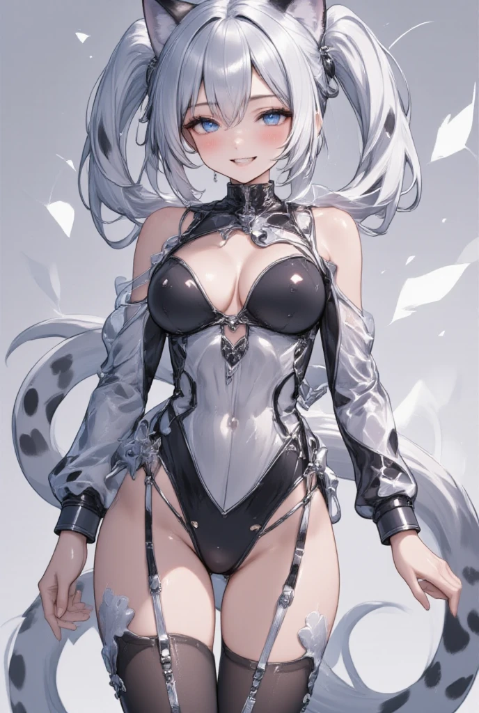 score_9, score_8_up, source_anime, 1girl, cowboy shot, IPhonechan, appleicon, bare shoulders, cat tail, black gloves, fingerless gloves, wrist cuffs, tail ornament, black leotard, white shirt, sleeveless, thighhighs, bowtie, tail bow,