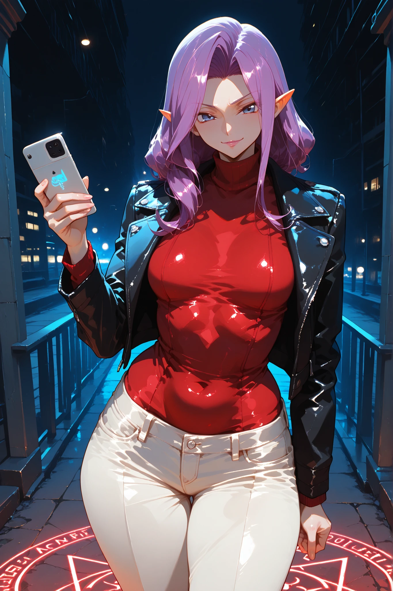 masterpiece, best quality, amazing quality, very aesthetic, high resolution, newest, hyper-detailed, (long shot),solo, female character, ((Cornelia from Code Geass)) pointed ears, elf ears, Milf,chubby body,small breasts, large waist, wide hips, large abs, gentle smile, luxury expression, wearing red short dress, a black leather jacket, white pants, high heels, carrying a cell phone in one hand, standing on a magic circle that glows incandescently, a city in ruins on the background, fan art, front view,