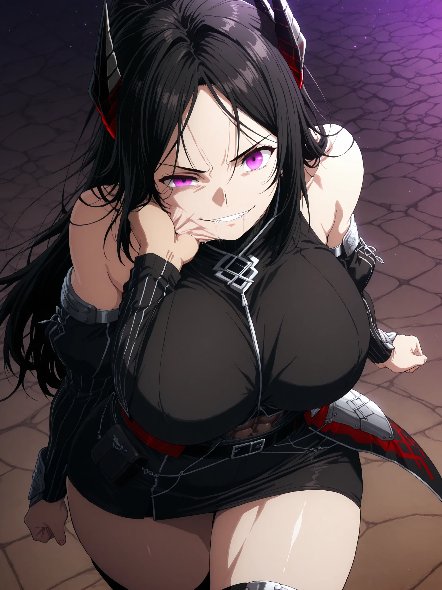 1girl,black hair,red nails, long hair, large breast, blush, lipstick,,jewelry, earrings, Hot girl, baddie, bad attitude, mean girl, crazy, smoking, sensual, attractive , masterpiece, best quality, ((unbuttoned school uniform, cleavage, necklace, earrings, sexy body,
breasts)) , micro skirt, smiling, navel , exposed belly, exposed navel,(nsfw) not safe for work,school,
classroom , hold a gun,knot, holding pistol