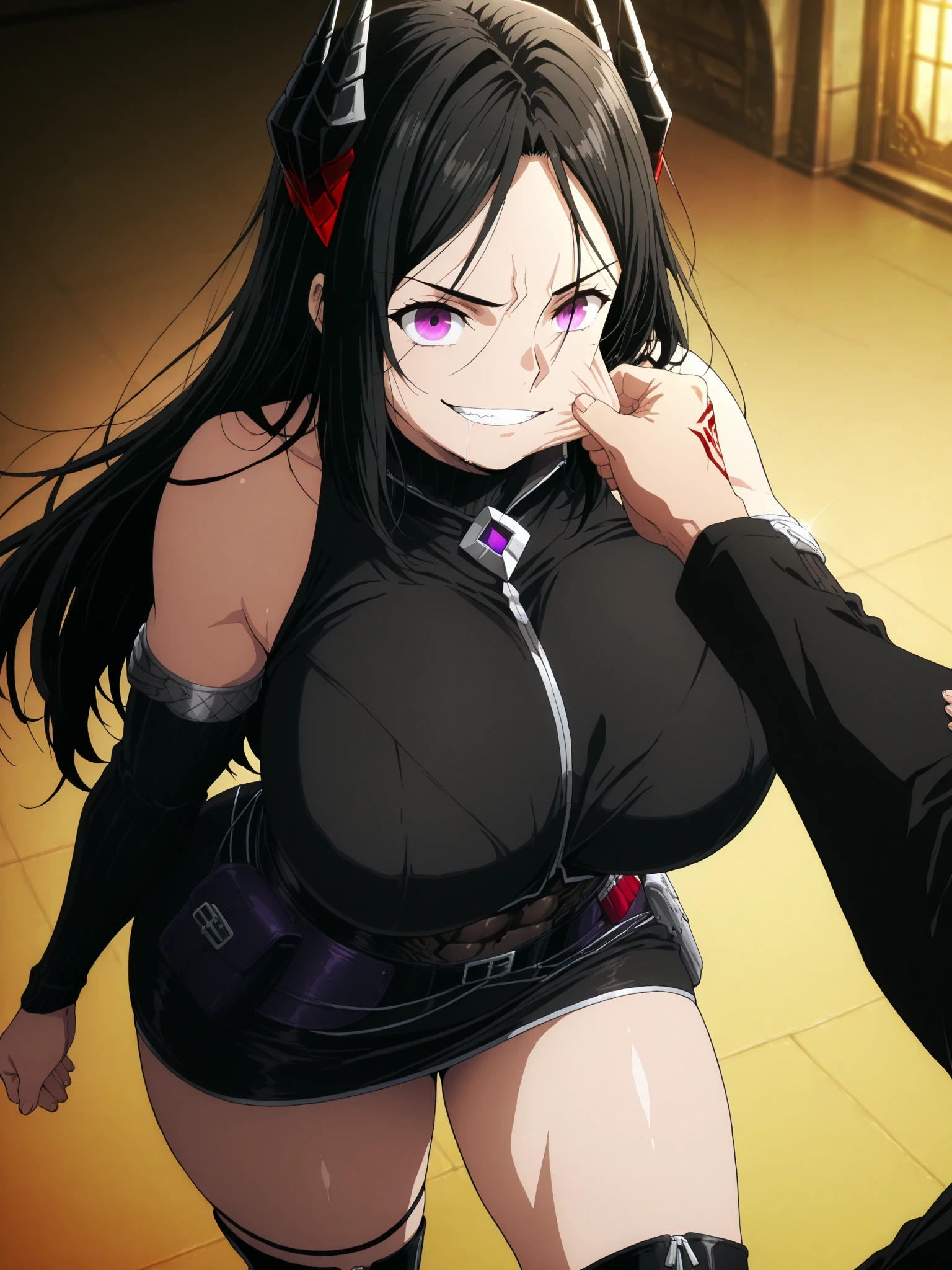 masterpiece, best quality, horn grab, fellatio, 1boy, 1girl, pov, kuchikirukia,