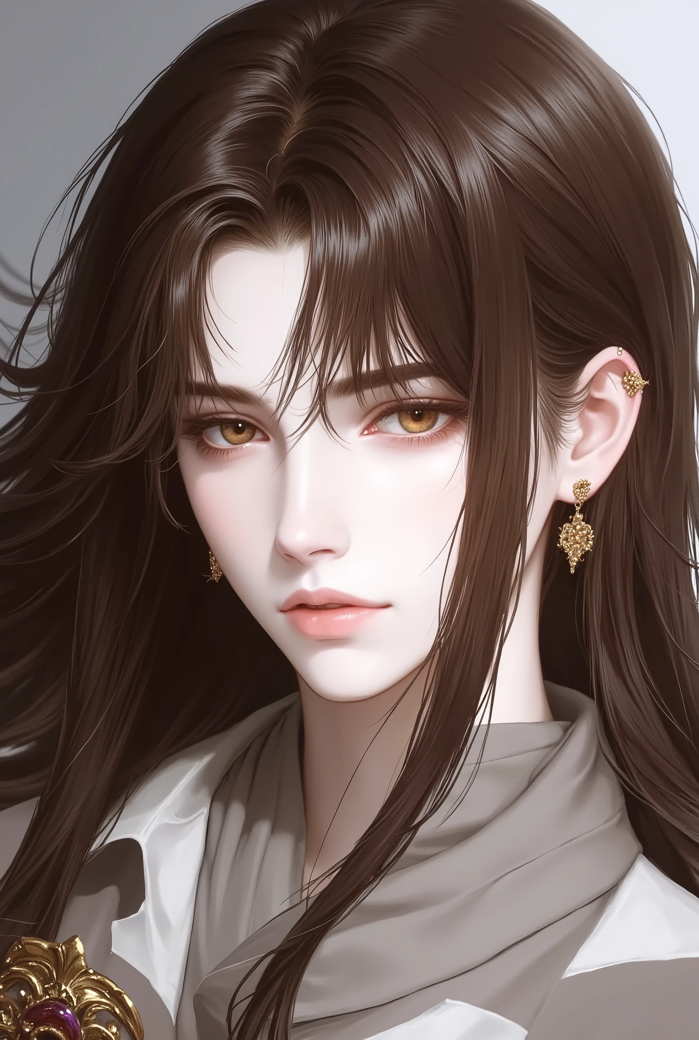 Girl, long straight brown hair, brown eyes, sharp features, beautiful, perfect, elegant white skin, wearing a shirt with gray sleeves, delicate art, bright and clear colors, high quality resolution .