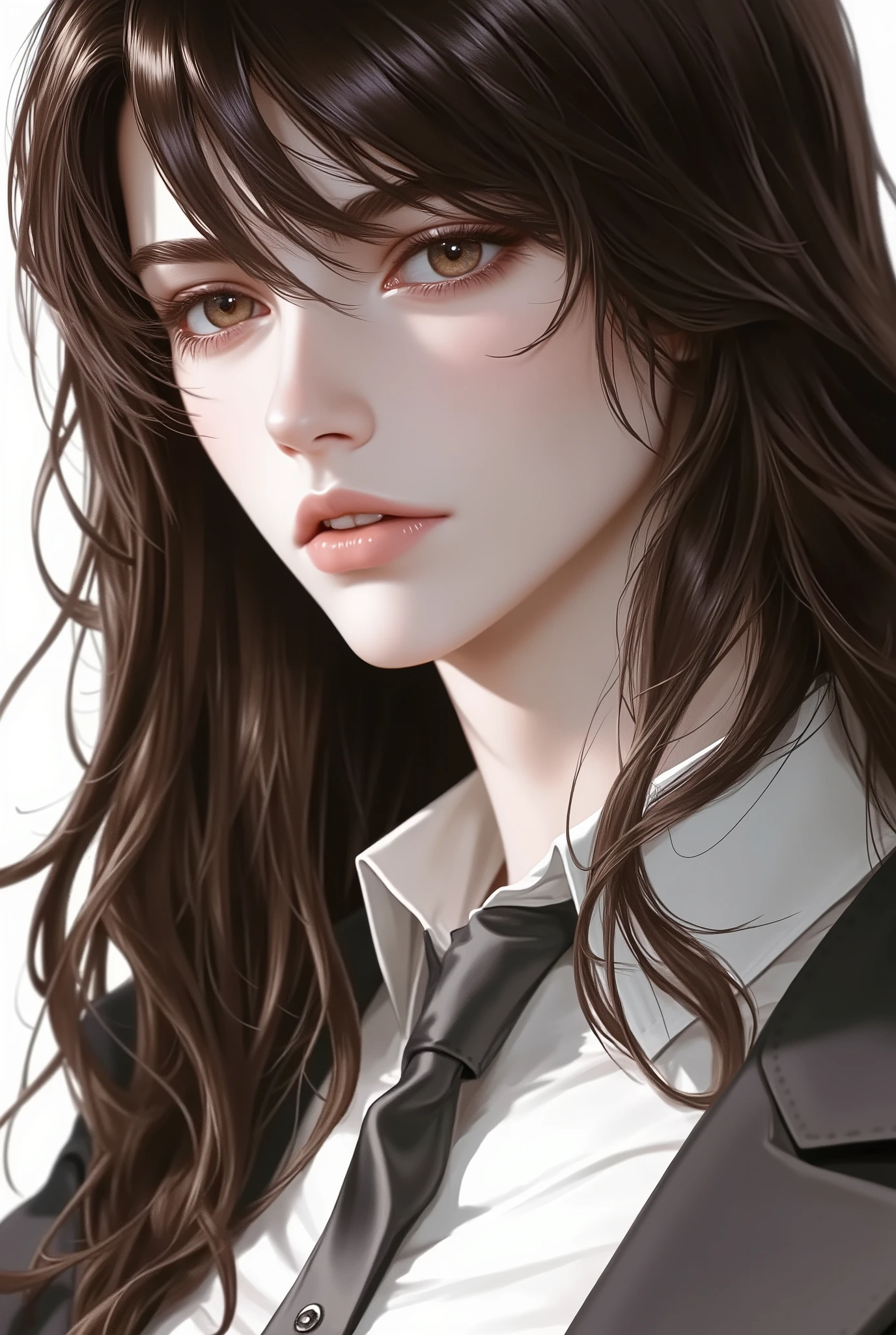 Girl, long straight brown hair, brown eyes, sharp features, beautiful, perfect, elegant white skin, wearing a shirt with gray sleeves, delicate art, bright and clear colors, high quality resolution .