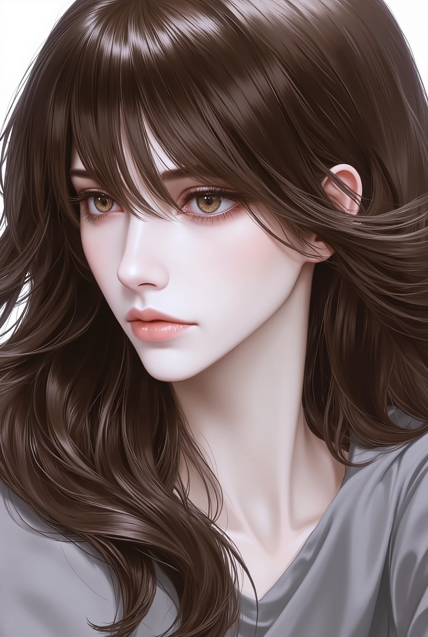 Girl, long straight brown hair, brown eyes, sharp features, beautiful, perfect, elegant white skin, wearing a shirt with gray sleeves, delicate art, bright and clear colors, high quality resolution .