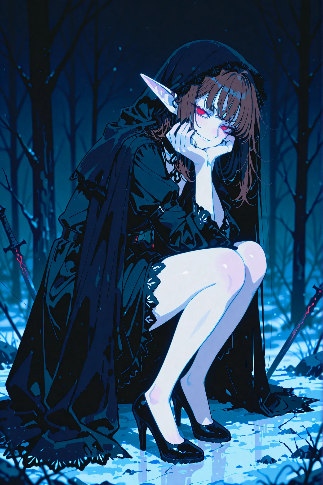 masterpiece , best quality , amazing quality , very aesthetic, woman, white skin, pale skin, tall, rounded elf ear, red eyes, drooping eyes, cold look, white pupil, feline pupil, long messy hair, brown hair, bangs, sharp canines, smirk, black gothic dress, black veil, heels