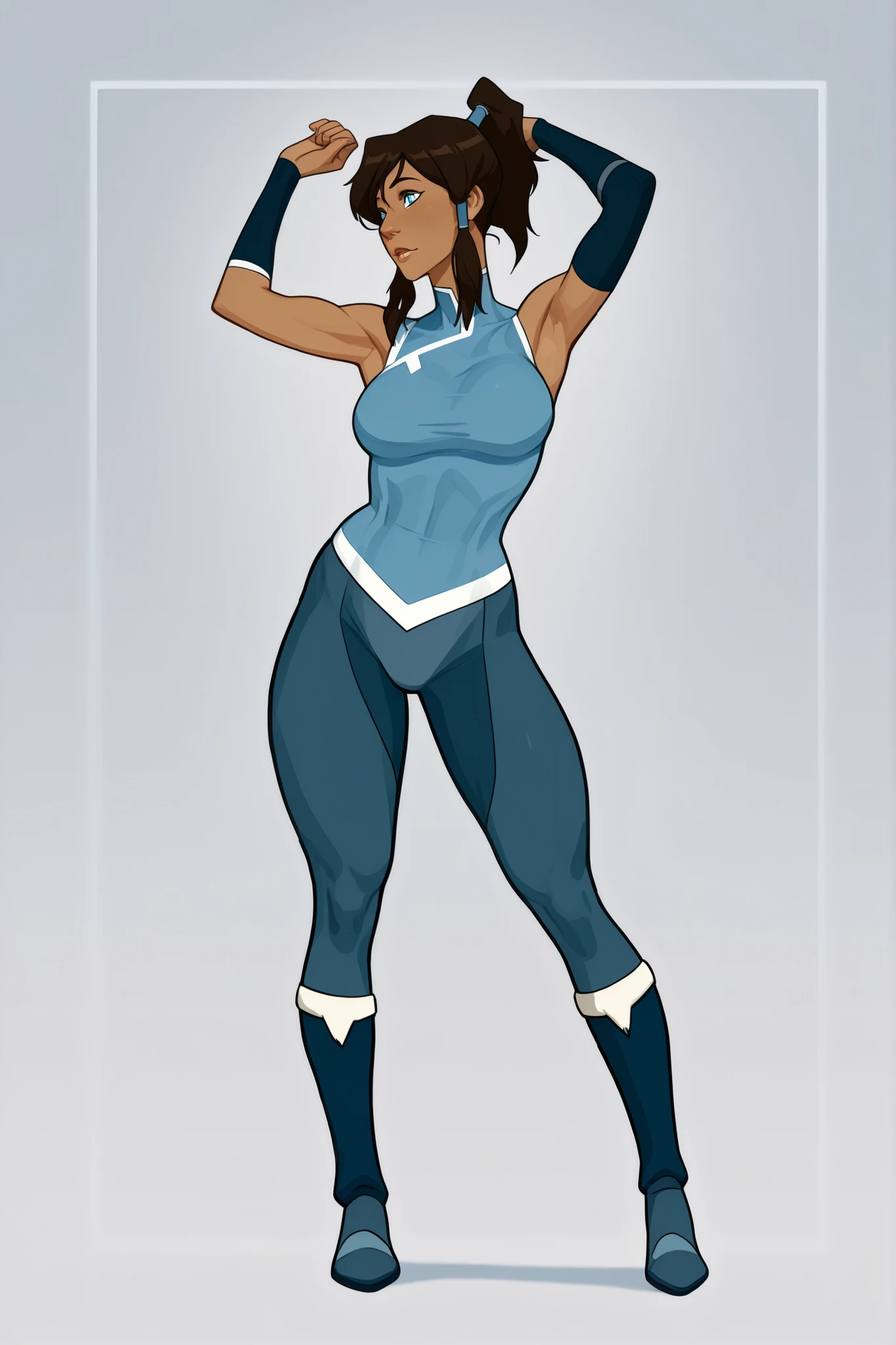 Korra from avatar legend of korra, female, sharp youthful face, dark brown skin, blue eyes glowing faintly, brown hair with ponytail, tall athletic build, medium size breasts, curvy body, wearing good attire, sexy playful pose. 8K ultra HD, high quality, 2d cartoon style, full body, back view,