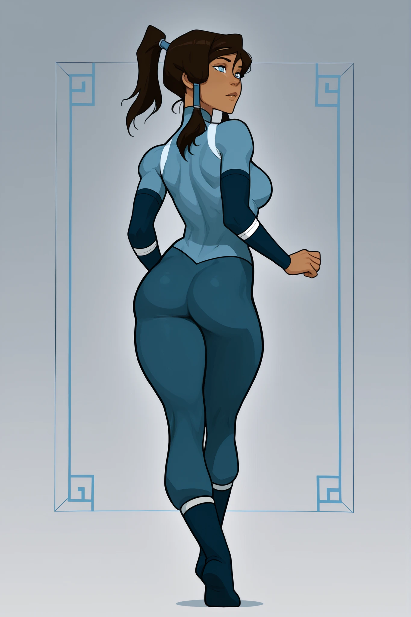 Korra from avatar legend of korra, female, sharp youthful face, dark brown skin, blue eyes glowing faintly, brown hair with ponytail, tall athletic build, medium size breasts, curvy body, wearing good attire, sexy playful pose. 8K ultra HD, high quality, 2d cartoon style, full body, back view,
