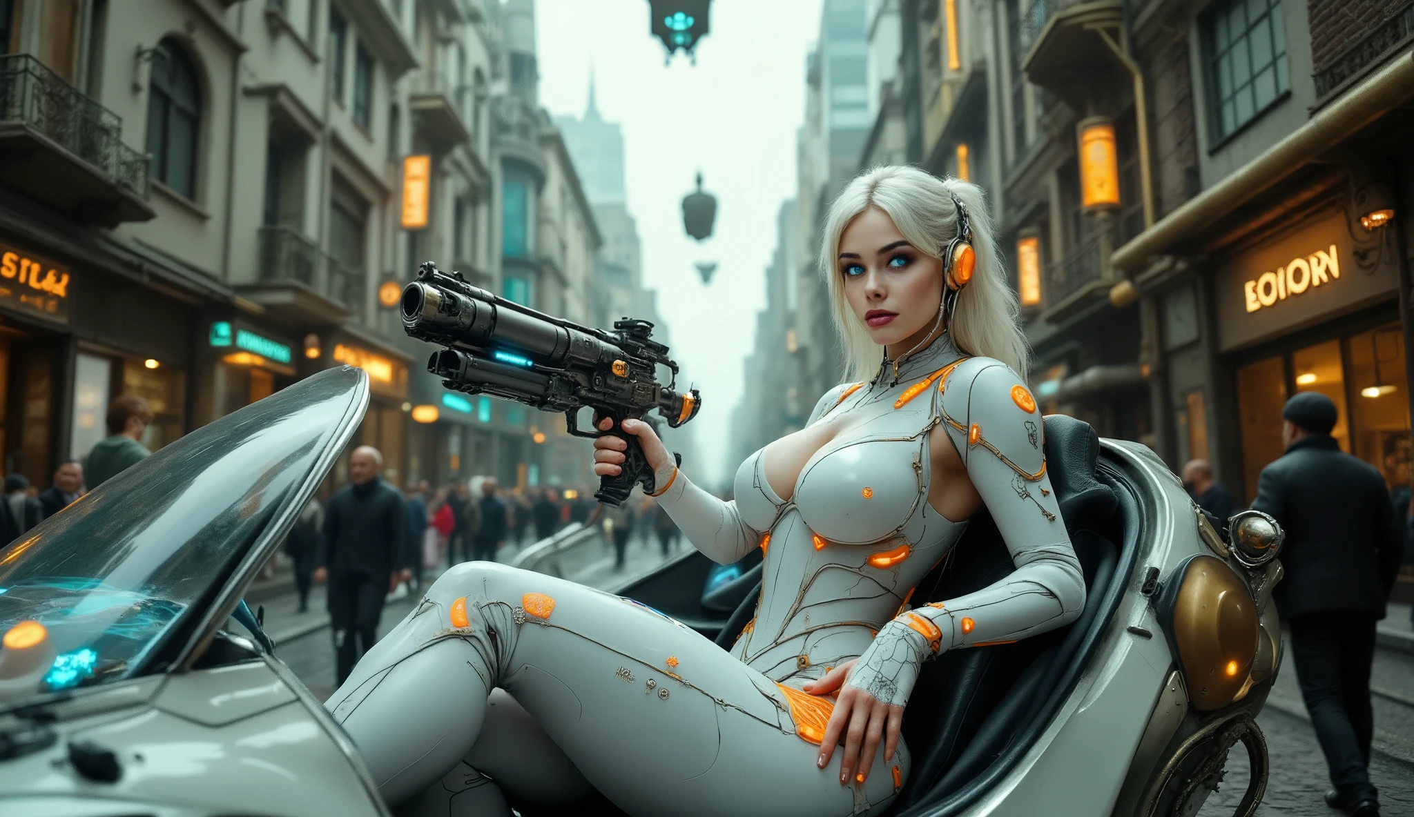 _main subject:
Very beautiful Scandinavian woman, 22 years old, full body. Appearance: White hair, bright blue eyes, with bioluminescent tattoos on her arms and hands in blue.
_pose:
The woman is sitting in a flying car seat. The door is open, offering a clear view of her entire body. She has one leg inside the car and the other outside, resting on the ground. The car is retrofuturistic with large glass areas.

_costume:
The woman wears futuristic white servo-mecha armor with elegant curved lines and bright orange accents, molded to the shape of a woman. Several illuminated devices on the armor are orange. A blue aura surrounds the woman. In this scene, the model is in a minimalist, futuristic setting, with parts of the armor intentionally left semi-revealed. Her posture conveys vulnerability and power as she gazes seductively into the distance. The model wields a highly technological positronic ray gun, featuring holographic effects and blue ray bursts. The weapon's architecture is modern and sensuously organic.

_lighting:
Soft, ambient lighting, combined with orange directional backlights, accentuates the metallic textures and curves, combining intimacy with cutting-edge technology in a  and avant-garde way.

_bottom:
(((ultrarealistic wide-angle photograph of a surreal steampunk city with Belle Époque and early 1900s architecture, highly detailed brass and iron buildings, gears and pipes integrated in the facades, crowds of people in authentic vintage 1900s clothing walking through lively streets, realistic robots on the ground and floating automatons in the sky, soft aqua green cinematic color grading, natural lighting, atmospheric haze, shallow depth of field, 50mm look lens, DSLR-level detail))) super-resolution, megapixels, photorealistic, high quality, 4K