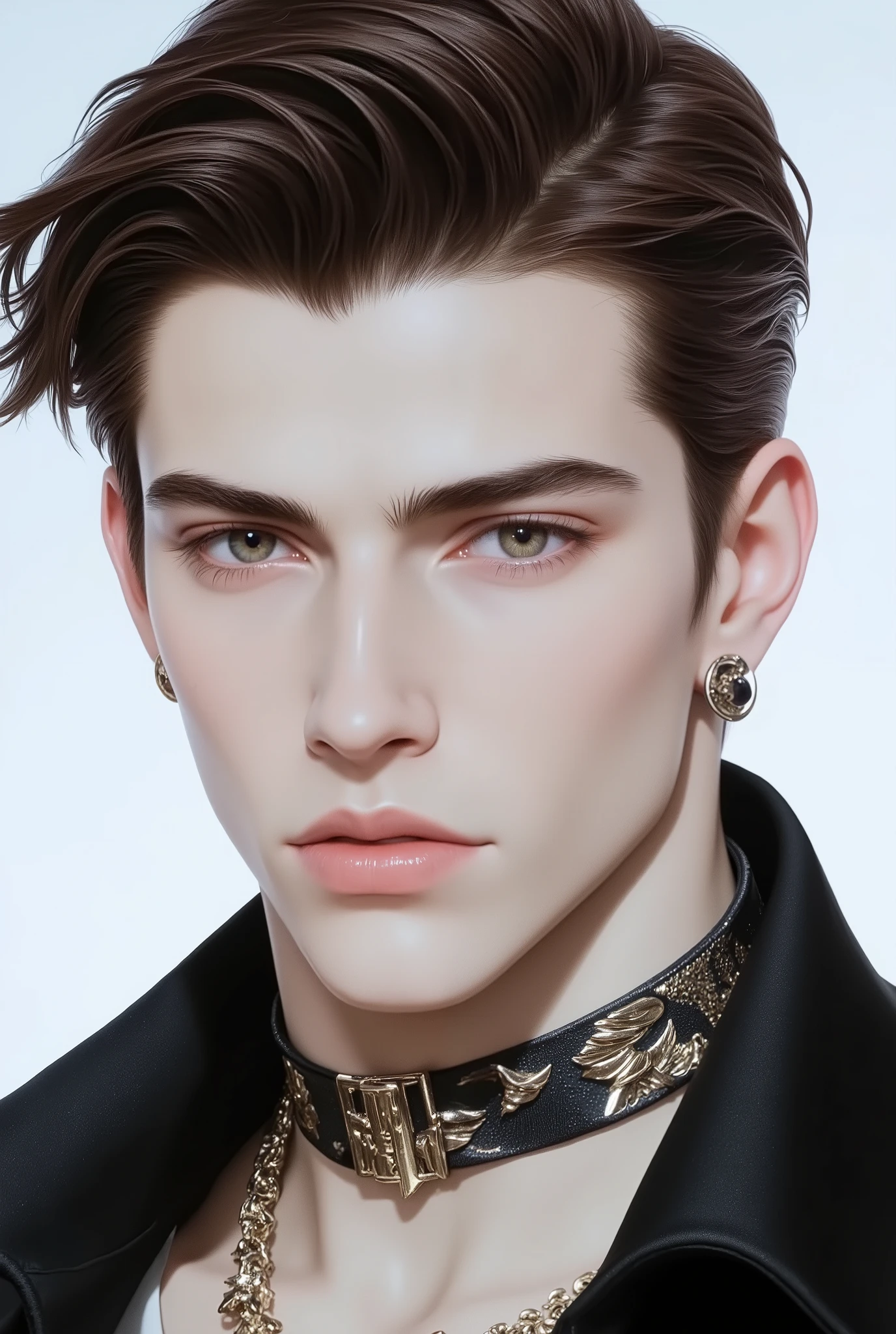 Boy, brown hair, gray eyes, sharp features, white skin, handsome, perfect, elegant, wearing casual clothes, accurate technician, bright and clear colors, high quality resolution .