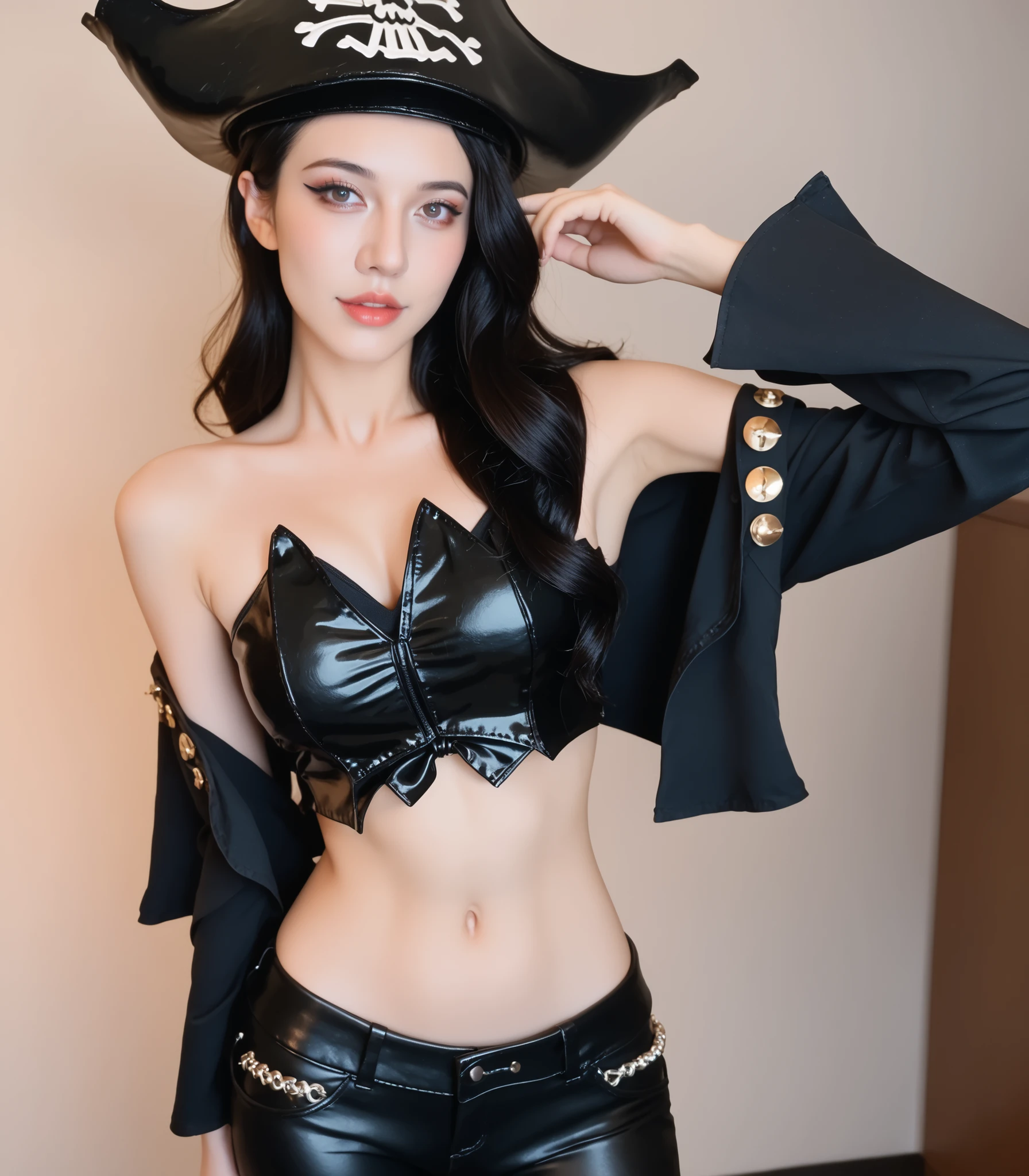 defMF, cabelo vermelho, cabelo longo, olhos verdes, batom, black hat jacket, pirate hat, cropped top branco, decote, mangas soltas, black pants, olhos verdes, maquiagem, magro, seios grandes, decote, looking at the viewer, umbigo, duas armas, black leather pants , saltos altos pretos, standing, olhos perfeitos, mancha na pele, Pele detalhada