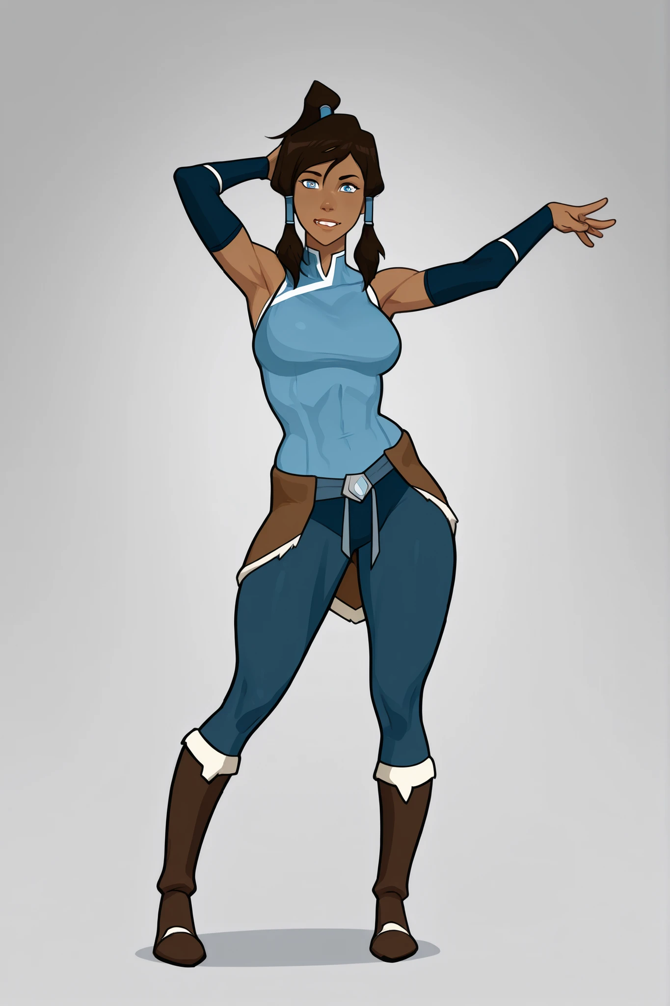 Korra from avatar legend of korra, female, sharp youthful face, dark brown skin, blue eyes glowing faintly, brown hair with ponytail, tall athletic build, medium size breasts, curvy body, wearing good attire, sexy playful pose. 8K ultra HD, high quality, 2d cartoon style, full body, front view,