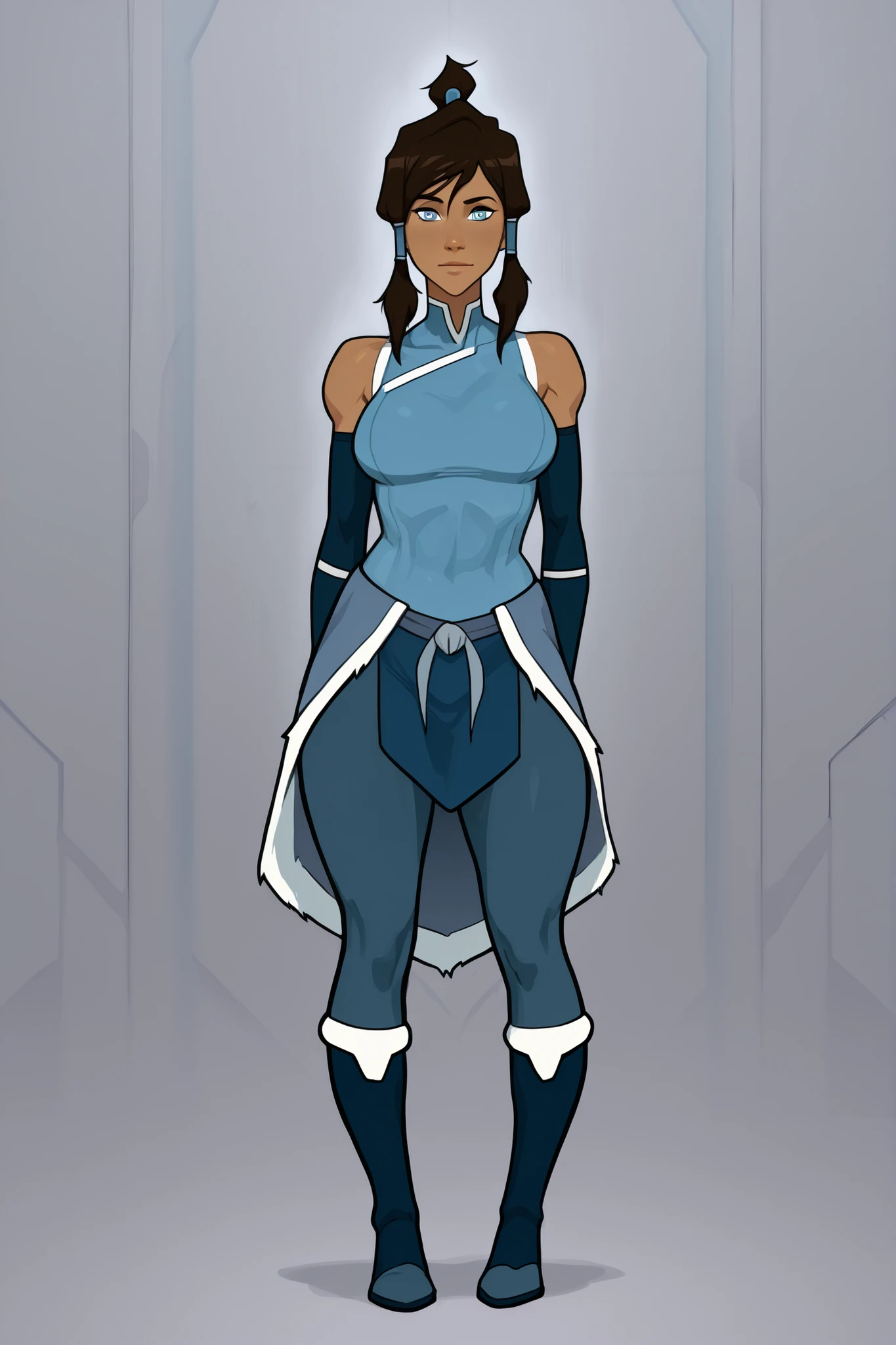 Korra from avatar legend of korra, female, sharp youthful face, dark brown skin, blue eyes glowing faintly, brown hair with ponytail, tall athletic build, medium size breasts, curvy body, wearing good attire, sexy playful pose. 8K ultra HD, high quality, 2d cartoon style, full body, front view,