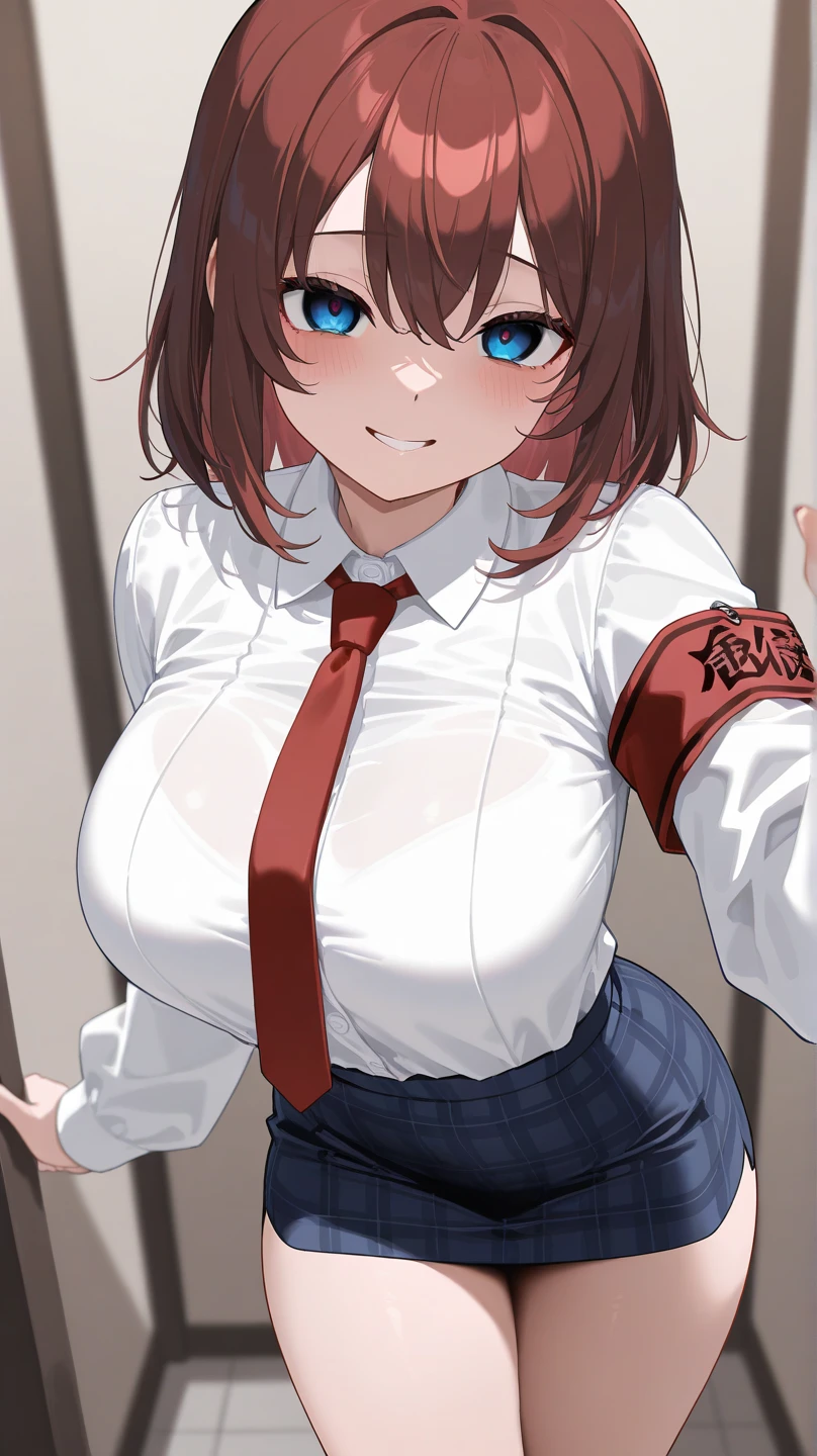 supraraka ochako, brown eyes, brown hair, sup.a. , {{grey jacket}}, red necktie, pleated skirt, Blsupe skirt, black pantyhose,(Highest quality, masterpiece), One girl, Intricate details,topless,