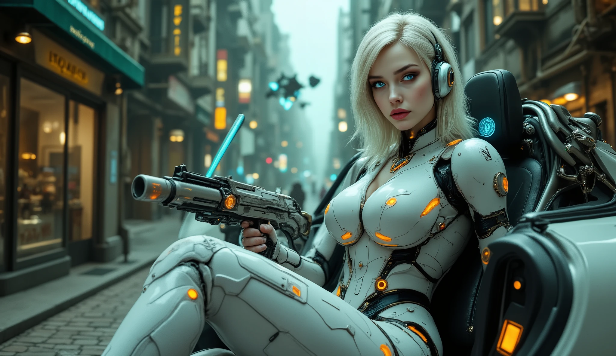 _main subject:
Very beautiful Scandinavian woman, 22 years old, full body. Appearance: White hair, bright blue eyes, with bioluminescent tattoos on her arms and hands in blue.
_pose:
The woman is sitting in a hoverchair. The door is open, offering a clear view of her entire body. She has one leg inside the car and the other outside, resting on the ground. The car is retrofuturistic with large glass areas.

_costume:
The woman wears futuristic white servo-mechanical armor with elegant curved lines and bright orange accents, molded in the shape of a woman. Several illuminated devices on the armor are orange. A blue aura surrounds the woman. In this scene, the model is in a minimalist, futuristic setting, with parts of the armor intentionally left semi-revealed. Her posture conveys vulnerability and power as she gazes seductively into the distance. The model wields a high-tech positronic ray gun, featuring holographic effects and blue ray bursts. The weapon's architecture is modern and sensually organic.

_lighting:
Soft, ambient lighting, combined with directional orange backlighting, accentuates the metallic textures and curves, combining intimacy with cutting-edge technology in a  and avant-garde way.

bottom:
(((ultra-realistic wide-angle photograph of a surreal steampunk city with Belle Époque and early 20th-century architecture, highly detailed brass and iron buildings, gears and pipes integrated into the facades, a deserted environment of humans, only authentic 25th-century robots and androids walking along busy streets, realistic robots walking along busy streets, on the ground and floating automatons in the sky, cinematic color grading in soft aqua green, natural lighting, atmospheric fog, shallow depth of field, 50mm effect lens, DSLR-level detail))) super-resolution, megapixels, photorealistic, high quality, 4K