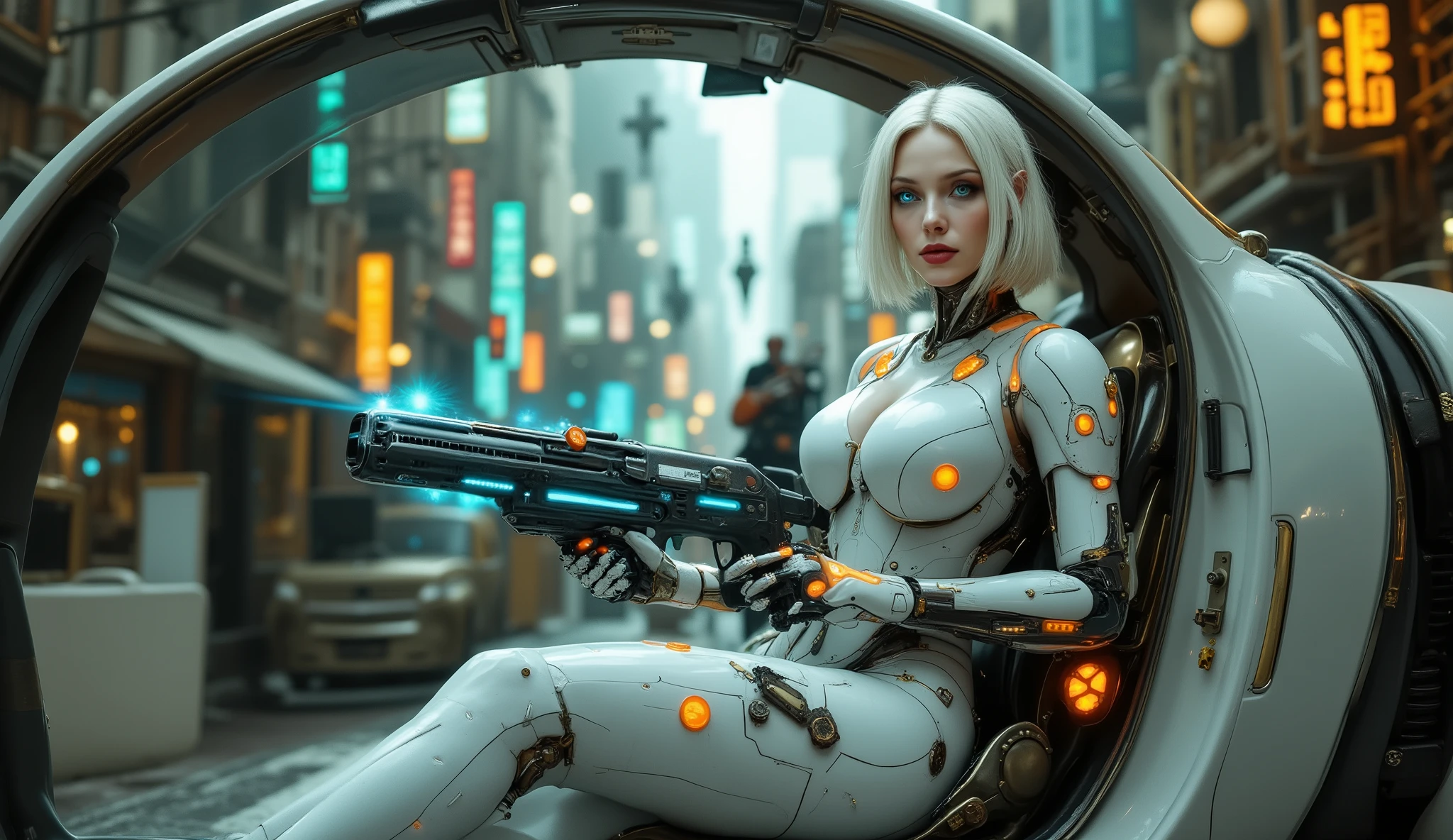 _main subject:
Very beautiful Scandinavian woman, 22 years old, full body. Appearance: White hair, bright blue eyes, with bioluminescent tattoos on her arms and hands in blue.
_pose:
The woman is sitting in a hoverchair. The door is open, offering a clear view of her entire body. She has one leg inside the car and the other outside, resting on the ground. The car is retrofuturistic with large glass areas.

_costume:
The woman wears futuristic white servo-mechanical armor with elegant curved lines and bright orange accents, molded in the shape of a woman. Several illuminated devices on the armor are orange. A blue aura surrounds the woman. In this scene, the model is in a minimalist, futuristic setting, with parts of the armor intentionally left semi-revealed. Her posture conveys vulnerability and power as she gazes seductively into the distance. The model wields a high-tech positronic ray gun, featuring holographic effects and blue ray bursts. The weapon's architecture is modern and sensually organic.

_lighting:
Soft, ambient lighting, combined with directional orange backlighting, accentuates the metallic textures and curves, combining intimacy with cutting-edge technology in a  and avant-garde way.

bottom:
(((ultra-realistic wide-angle photograph of a surreal steampunk city with Belle Époque and early 20th-century architecture, highly detailed brass and iron buildings, gears and pipes integrated into the facades, a deserted environment of humans, only authentic 25th-century robots and androids walking along busy streets, realistic robots walking along busy streets, on the ground and floating automatons in the sky, cinematic color grading in soft aqua green, natural lighting, atmospheric fog, shallow depth of field, 50mm effect lens, DSLR-level detail))) super-resolution, megapixels, photorealistic, high quality, 4K