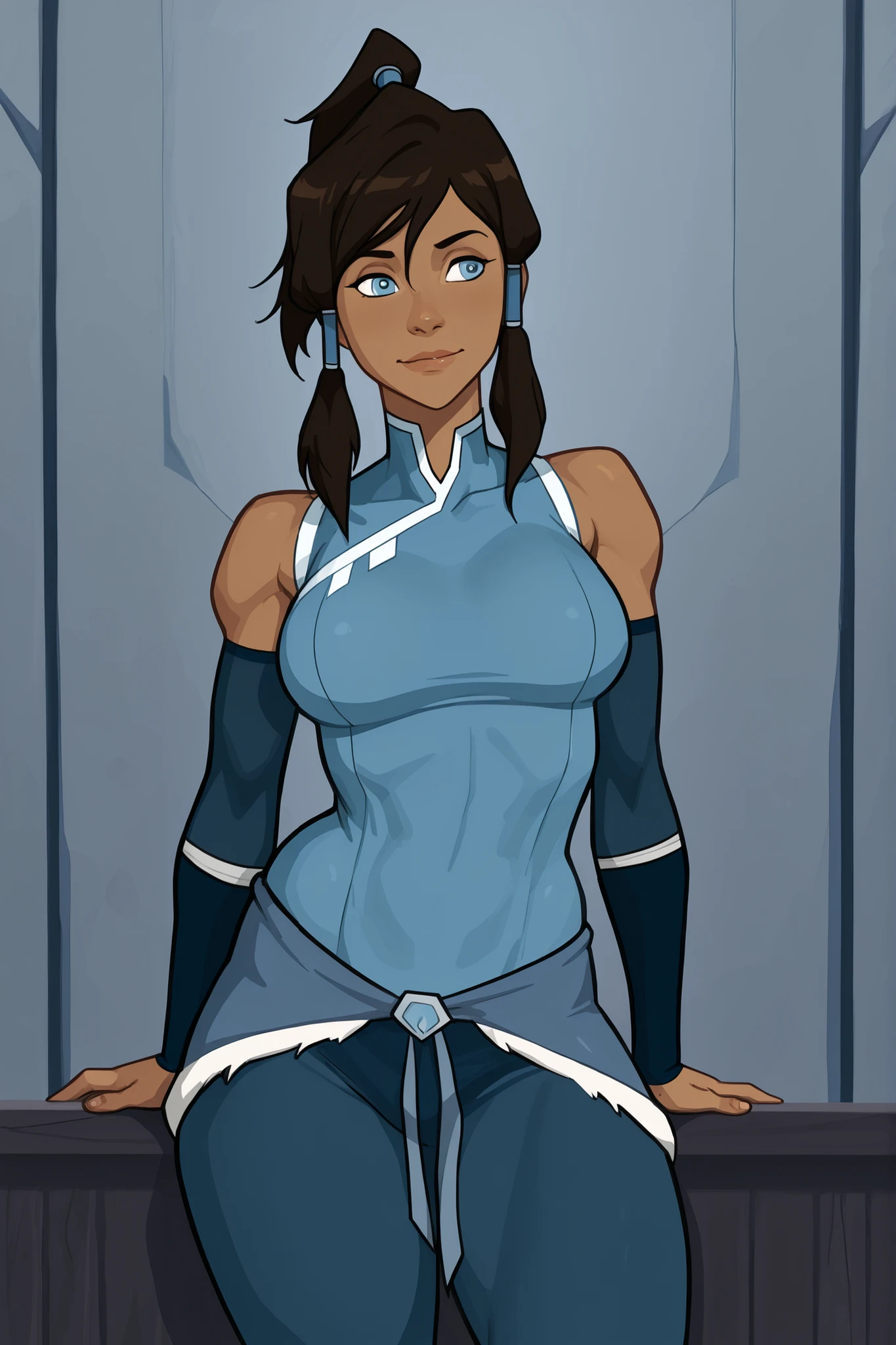 Korra from avatar legend of korra, female, sharp youthful face, dark brown skin, blue eyes glowing faintly, brown hair with ponytail, tall athletic build, medium size breasts, curvy body, wearing good attire, sexy playful pose. 8K ultra HD, high quality, 2d cartoon style, half body, front view,