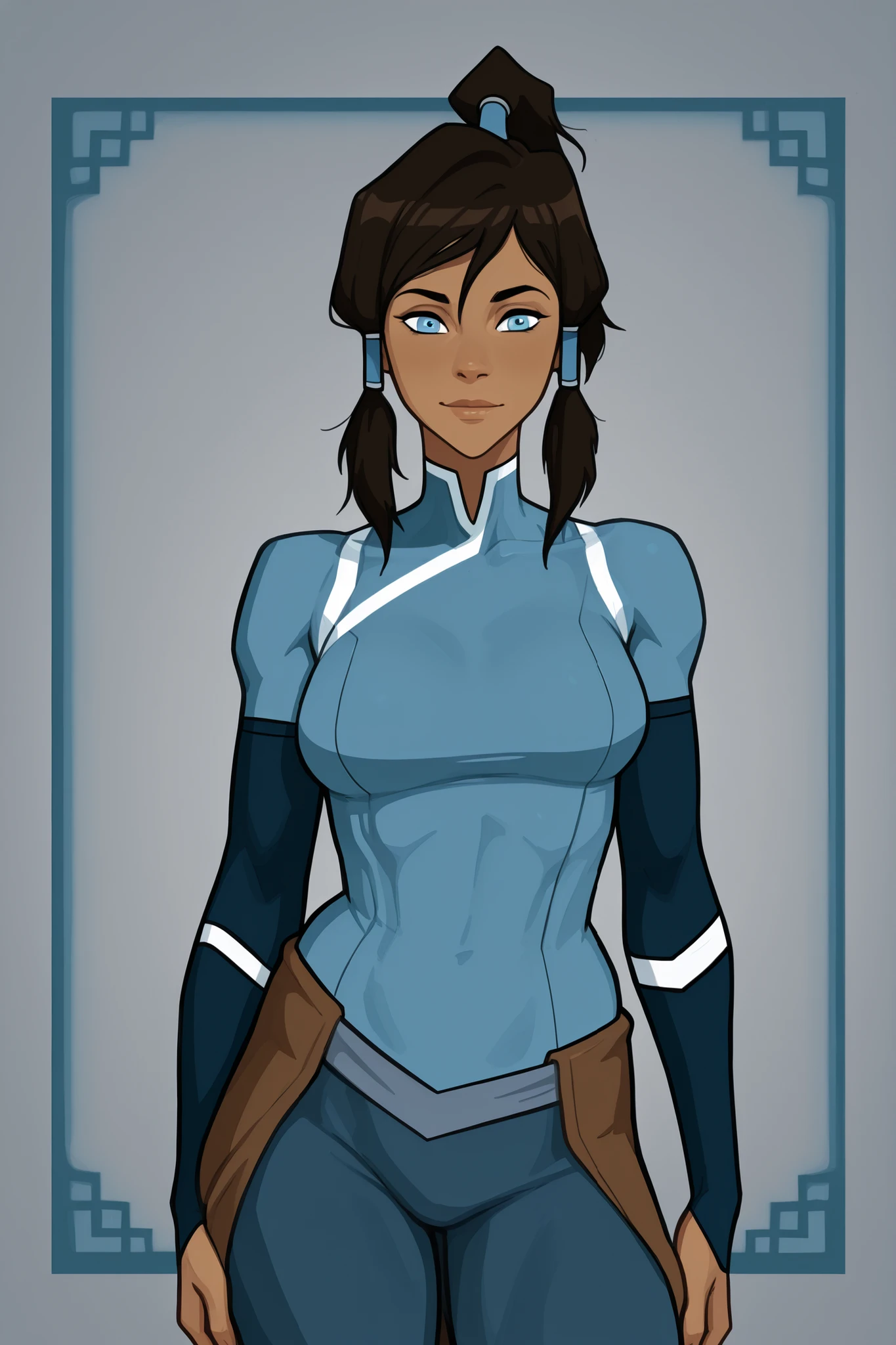 Korra from avatar legend of korra, female, sharp youthful face, dark brown skin, blue eyes glowing faintly, brown hair with ponytail, tall athletic build, medium size breasts, curvy body, wearing good attire, sexy playful pose. 8K ultra HD, high quality, 2d cartoon style, half body, front view,