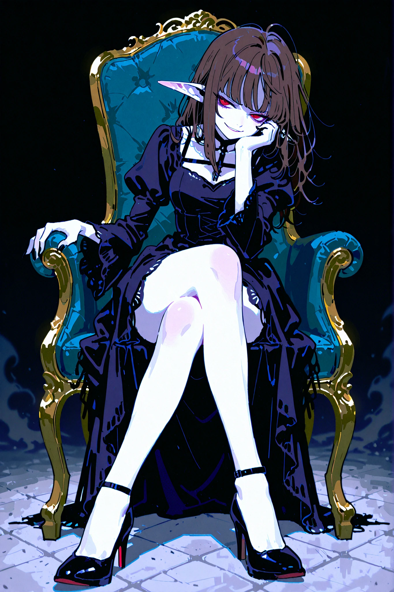 masterpiece , best quality , amazing quality , very aesthetic, woman, white skin, pale skin, tall, rounded elf ear, red eyes, drooping eyes, cold look, white pupil, long messy hair, brown hair, bangs, sharp canines, smirk, black gothic dress, heels, sitting in a chair, relaxed, elegant pose
