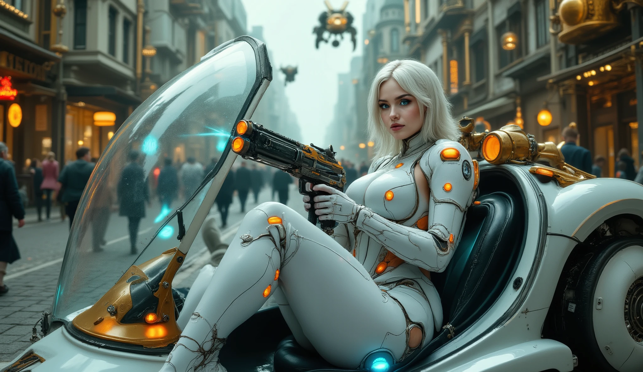 _main subject:
Very beautiful Scandinavian woman, 22 years old, full body. Appearance: White hair, bright blue eyes, with bioluminescent tattoos on her arms and hands in blue.
_pose:
The woman is sitting in a flying car seat. The door is open, offering a clear view of her entire body. She has one leg inside the car and the other outside, resting on the ground. The car is retrofuturistic with large glass areas.

_costume:
The woman wears futuristic white servo-mecha armor with elegant curved lines and bright orange accents, molded to the shape of a woman. Several illuminated devices on the armor are orange. A blue aura surrounds the woman. In this scene, the model is in a minimalist, futuristic setting, with parts of the armor intentionally left semi-revealed. Her posture conveys vulnerability and power as she gazes seductively into the distance. The model wields a highly technological positronic ray gun, featuring holographic effects and blue ray bursts. The weapon's architecture is modern and sensuously organic.

_lighting:
Soft, ambient lighting, combined with orange directional backlights, accentuates the metallic textures and curves, combining intimacy with cutting-edge technology in a  and avant-garde way.

_bottom:
(((ultrarealistic wide-angle photograph of a surreal steampunk city with Belle Époque and early 1900s architecture, highly detailed brass and iron buildings, gears and pipes integrated in the facades, crowds of people in authentic vintage 1900s clothing walking through lively streets, realistic robots on the ground and floating automatons in the sky, soft aqua green cinematic color grading, natural lighting, atmospheric haze, shallow depth of field, 50mm look lens, DSLR-level detail))) super-resolution, megapixels, photorealistic, high quality, 4K