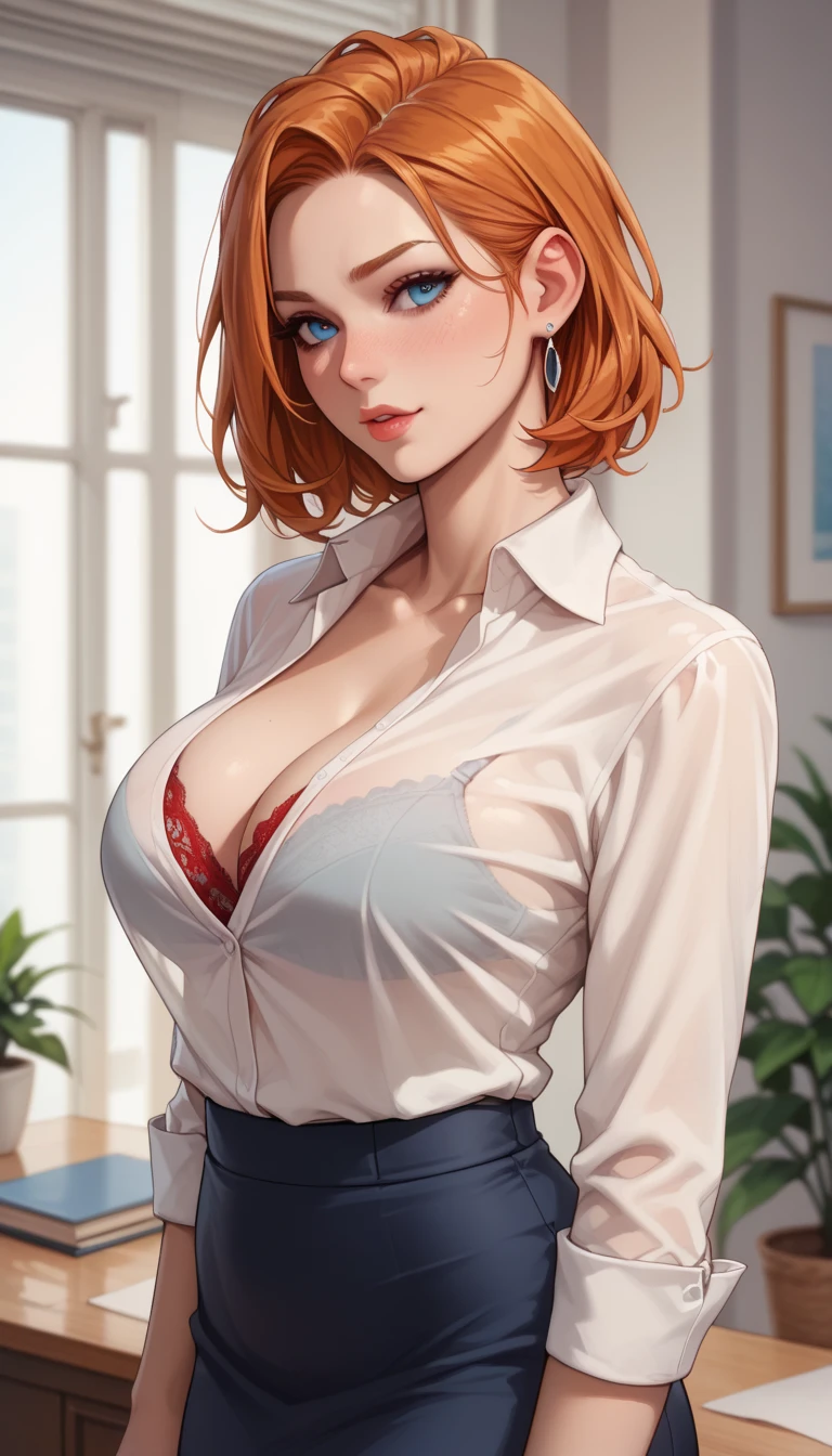 Woman 30 years, short red hair, nurse nurse, tight white clothing, unbuttoned blouse, no buttons, no bra, no bra, beautiful huge soft breasts, leaning forward, arms and hands resting on the knee, close-up, looking forward, penetrating and sensual look, slightly wide hips, big ass
