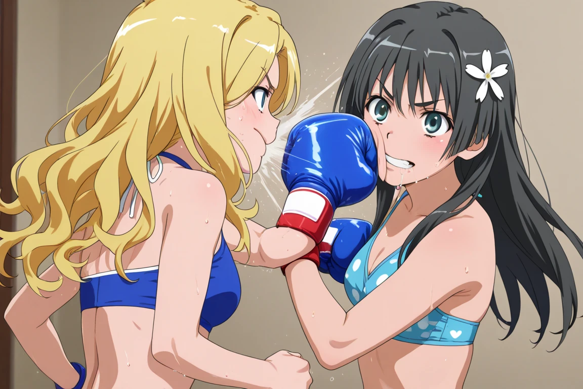 some pretty anime characters fighting over water with one another over the top of them a sun blushing lewd face while wearing very tight boots micro bikini