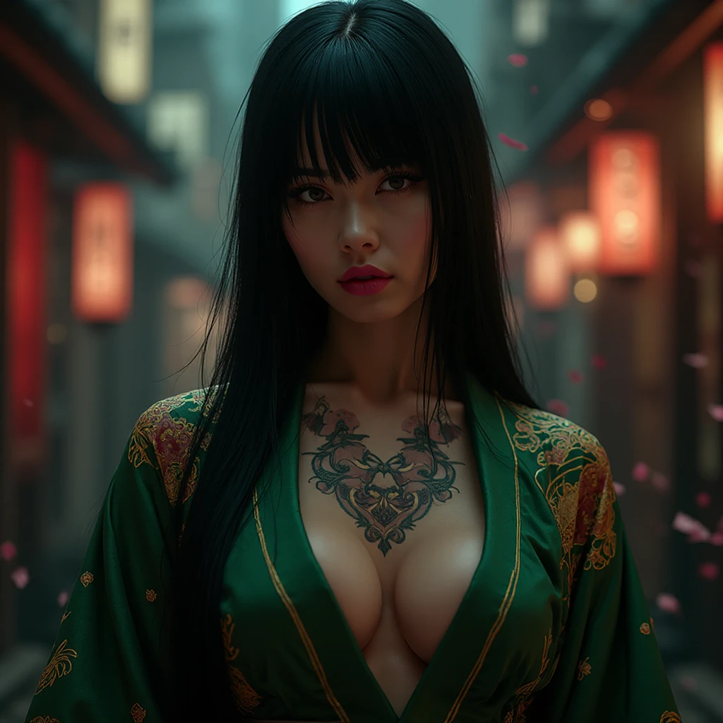 perfectart:ultra-detailed,highres,photorealistic,oriental ninja girl,beautiful detailed eyes,beautiful detailed lips,extremely detailed eyes and face,longeyelashes,[mask],[big breasts],black kurta,armed with katanas,striking a dynamic pose,stunning garden scenery,traditional japanese architecture,subtle lighting,subtle color palette,delicate cherry blossom petals,thin wisps of smoke swirling in the air,hint of mystery and danger,an atmosphere of tranquility and strength