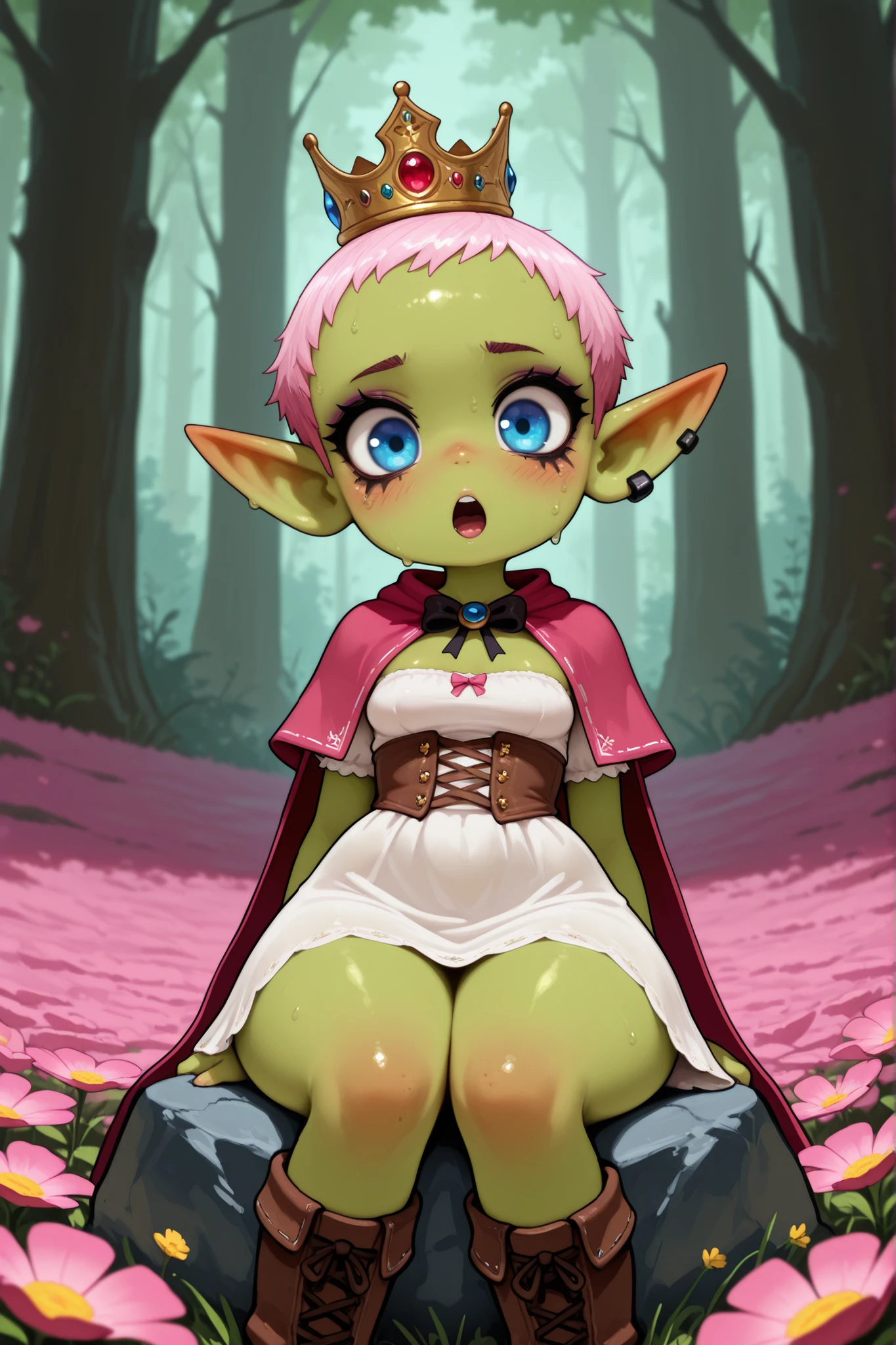 female punk, greasy pink very short hair, black eye , facial piercings, eye makeup, small breasts, meduim hips, (goblin girl:1.0) (shortstack:1.0) (green skin:1.0) (pointy ears:1.0) (wide hips:1.0)| Volumetric Lighting, Best Shadows, Shallow Depth of Field, Portrait Of Stunningly Beautiful Girl,masterpiece, best quality, in flower field, (Highest Quality, Amazing Details:1.25), (Solo:1.3), ultra-detailed, illustration,forest, little princess, looking at viewer,((1girl)), blush, boots, open mouth,cowboy shot,upper body,sitting, sitting on stone,capelet, cape, princess dress, adventure dress, boots, crown, bow