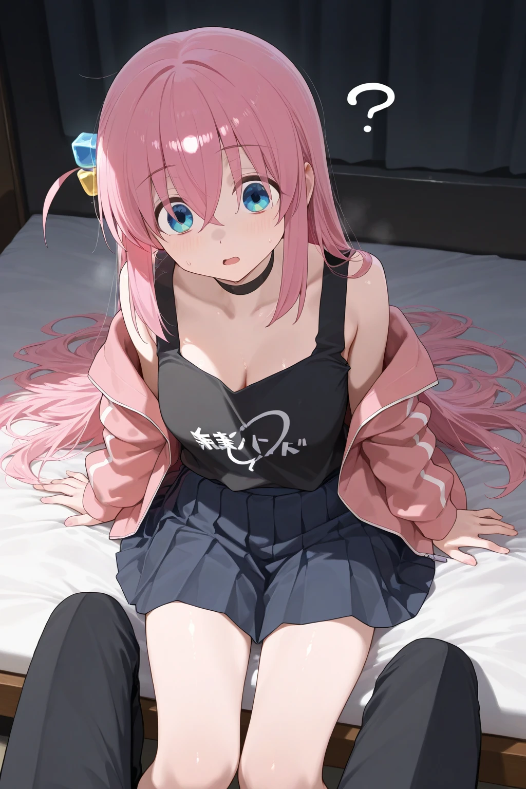 best quality, very aesthetic, Super detailed, best illustration, Dark blue one piece school swimsuit,bangs, pink_hair, blunt_bangs, hair_ornament, butterfly_hair_ornament, ribbon, black_ribbon, blue_eyes, blush, hair_ribbon, twintails, long_hair, 全身図, nsfw