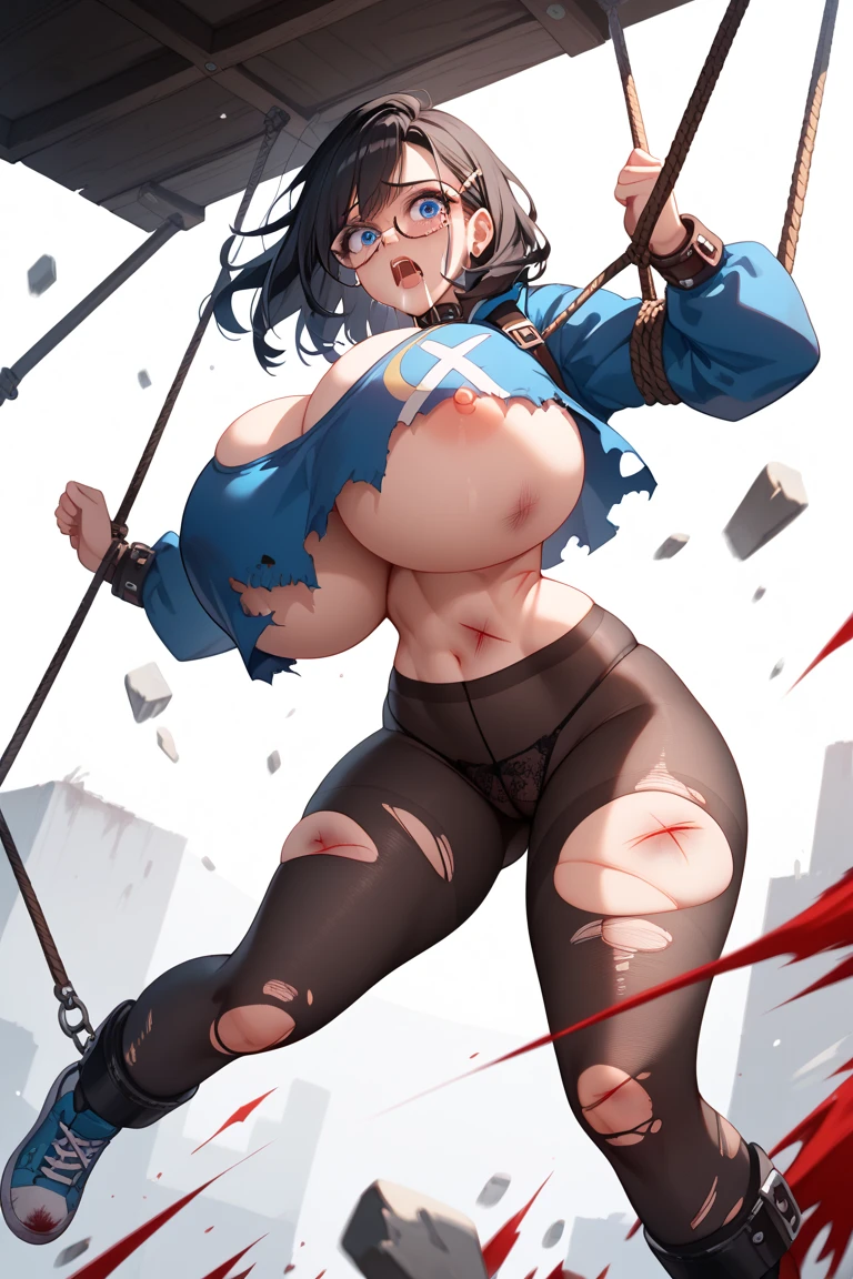 Stema Peace、hanekawa tsubasa、attack of glasses、A dark-haired、large boob、 (Black hair, Brown eyes, Round face),With ribbon, (nose blush, half opened eye),, [Full body shot]、eye glass、Head-to-toe shots、A dark-haired、wearing bikini armor、Sword in right hand、Holding a shield in his left hand、
