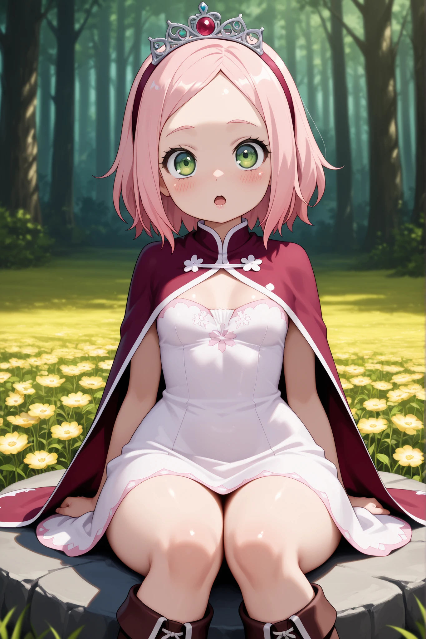 Sakura Haruno. small breasts, huge hips, pink hair, medium hair, light green eyes, thin lips, very fair skin, big forehead. | Volumetric Lighting, Best Shadows, Shallow Depth of Field, Portrait Of Stunningly Beautiful Girl,masterpiece, best quality, in flower field, (Highest Quality, Amazing Details:1.25), (Solo:1.3), ultra-detailed, illustration,forest, little princess, looking at viewer,((1girl)), blush, boots, open mouth,cowboy shot,upper body,sitting, sitting on stone,capelet, cape, princess dress, adventure dress, boots, crown, bow