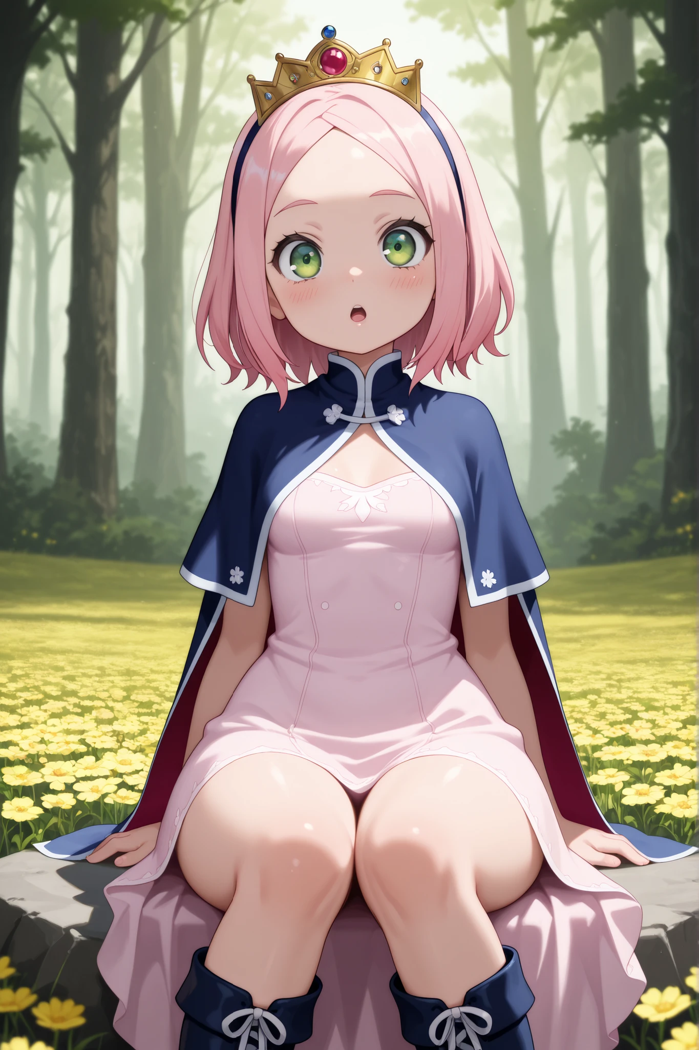 Sakura Haruno. small breasts, huge hips, pink hair, medium hair, light green eyes, thin lips, very fair skin, big forehead. | Volumetric Lighting, Best Shadows, Shallow Depth of Field, Portrait Of Stunningly Beautiful Girl,masterpiece, best quality, in flower field, (Highest Quality, Amazing Details:1.25), (Solo:1.3), ultra-detailed, illustration,forest, little princess, looking at viewer,((1girl)), blush, boots, open mouth,cowboy shot,upper body,sitting, sitting on stone,capelet, cape, princess dress, adventure dress, boots, crown, bow
