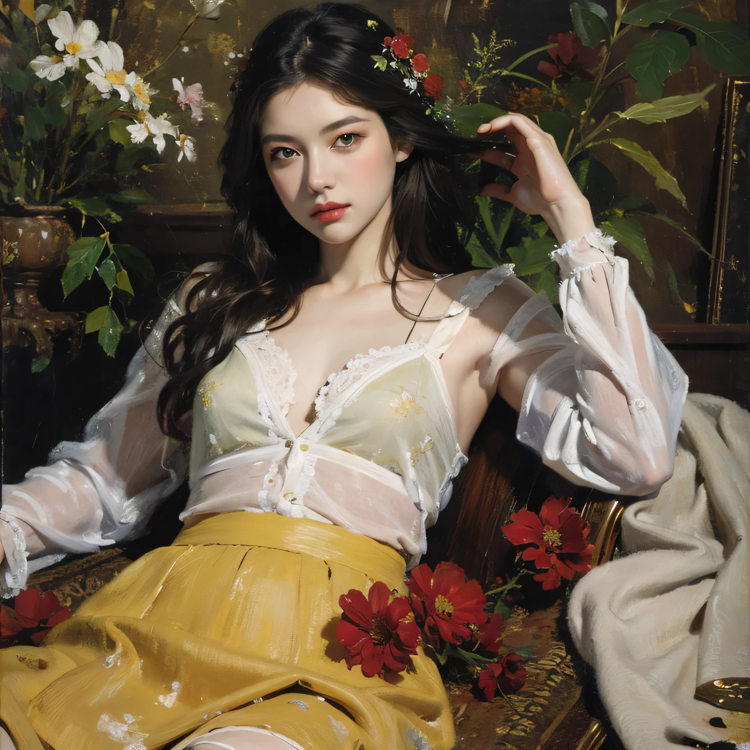(oil painting:1.5), \\ a woman with (long curtly hair ), ((green eyes)) is lie on the ground in veil, peony, (amy sol:0.248), yellow, with skirt, (stanley artgerm lau:0.106), (a detailed painting:0.353), (gothic art:0.106)
