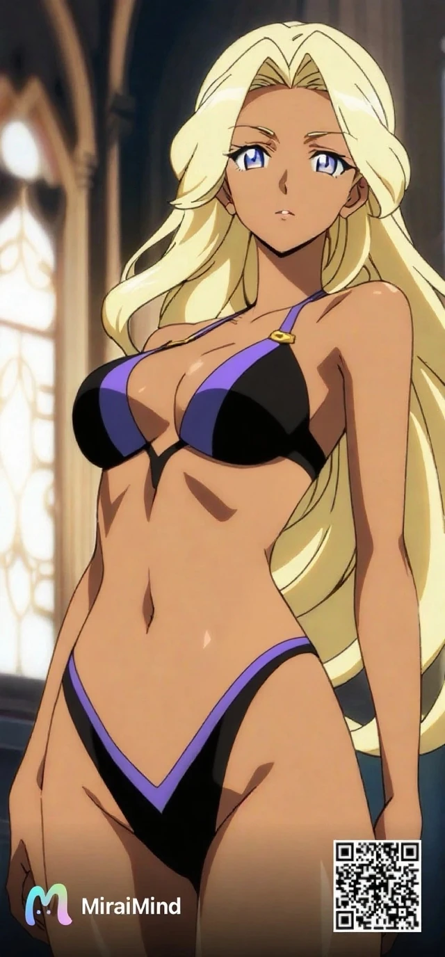 ((Best Quality, High resolution))、Anime cel drawing style, Manga style,(D5,dark skin,Long Blonde Hair,Twin side locks with purple ribbon,Black lace choker,Hair bangs,Glasses,Huge breasts),(Beach,bikini of:1.3),arms up