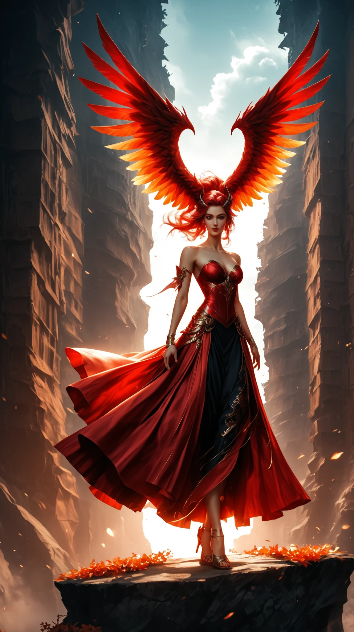 Ultra-realistic 8K cinematic still, vertical (9:16), photorealistic, a surreal and ethereal fantasy scene from an elevated POV. A woman stands on the rugged ledge of a high cliff, her back to the viewer. She possesses large, magnificent, and vibrant crimson red wings, feathered and fully extended from her shoulders. She wears a long, flowing gown of deep red silk that billows gently in the wind, matching her wings.

She gazes out over a breathtaking, vast landscape of rolling hills and valleys entirely covered in a forest of deep red and amber autumn foliage. The sky is a soft, hazy mix of clouds with the sun breaking through, casting a gentle, golden glow and creating god rays that illuminate the scene and highlight the vivid red tones. The atmosphere is one of profound tranquility, majesty, and fantasy. Epic scale, cinematic lighting, hyper-detailed, sharp focus on the wings and figure, shallow depth of field.