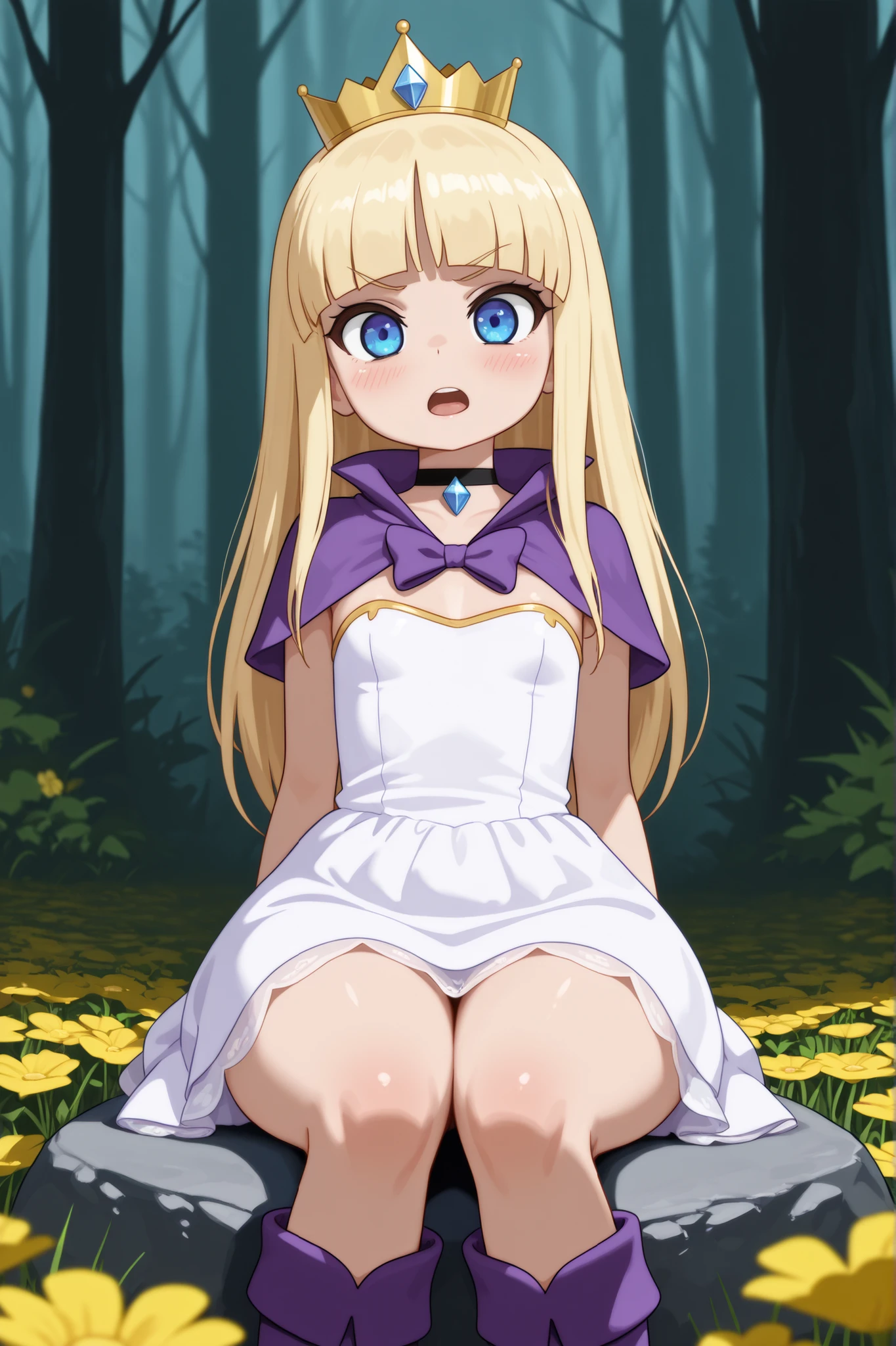 Pacifica Northwest, flat breasts, flat chest, skinny, huge hips, long hair, blonde hair, choker , | Volumetric Lighting, Best Shadows, Shallow Depth of Field, Portrait Of Stunningly Beautiful Girl,masterpiece, best quality, in flower field, (Highest Quality, Amazing Details:1.25), (Solo:1.3), ultra-detailed, illustration,forest, little princess, looking at viewer,((1girl)), blush, boots, open mouth,cowboy shot,upper body,sitting, sitting on stone,capelet, cape, princess dress, adventure dress, boots, crown, bow