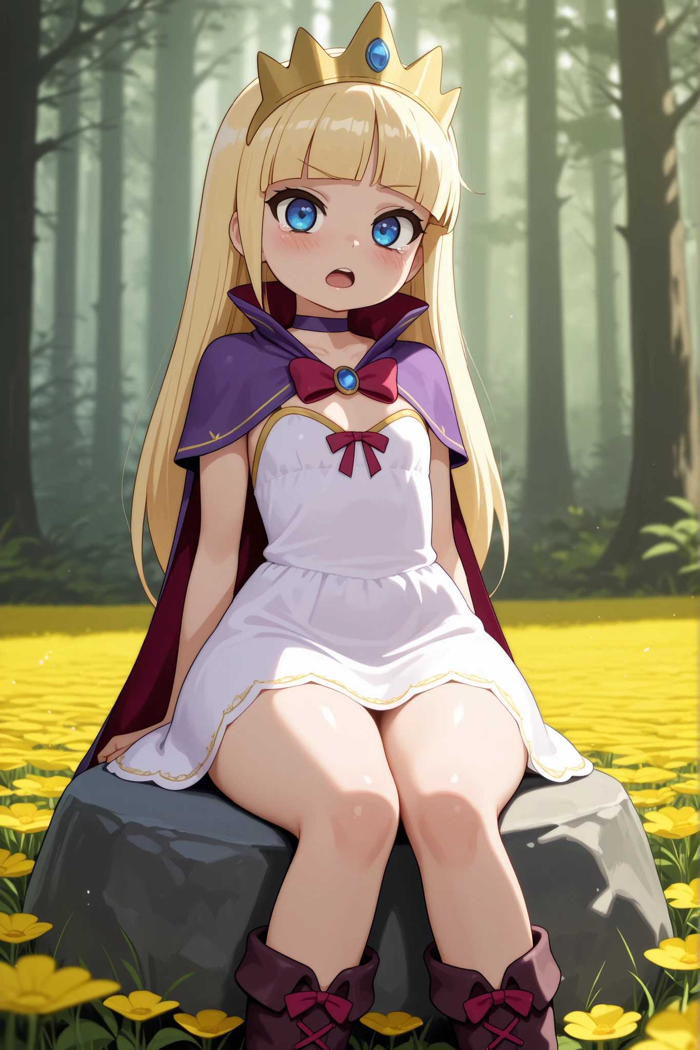 Pacifica Northwest, flat breasts, flat chest, skinny, huge hips, long hair, blonde hair, choker , | Volumetric Lighting, Best Shadows, Shallow Depth of Field, Portrait Of Stunningly Beautiful Girl,masterpiece, best quality, in flower field, (Highest Quality, Amazing Details:1.25), (Solo:1.3), ultra-detailed, illustration,forest, little princess, looking at viewer,((1girl)), blush, boots, open mouth,cowboy shot,upper body,sitting, sitting on stone,capelet, cape, princess dress, adventure dress, boots, crown, bow