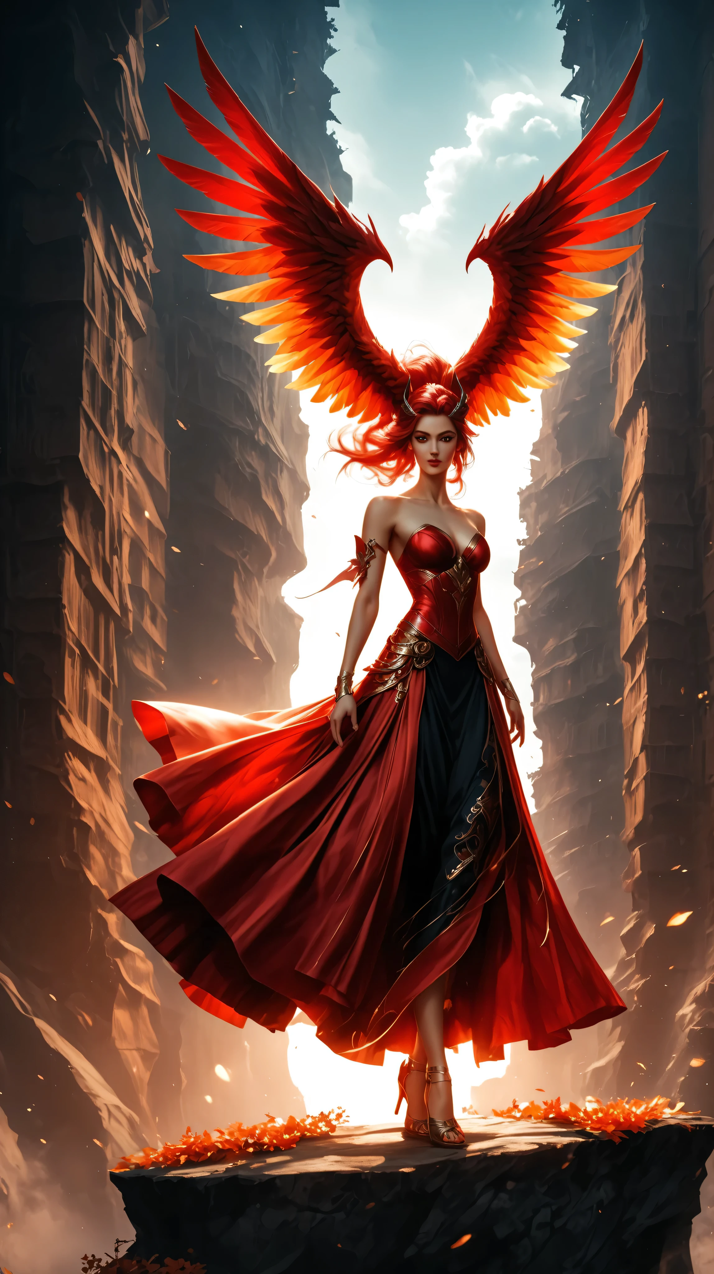 Ultra-realistic 8K cinematic still, vertical (9:16), photorealistic, a surreal and ethereal fantasy scene from an elevated POV. A woman stands on the rugged ledge of a high cliff, her back to the viewer. She possesses large, magnificent, and vibrant crimson red wings, feathered and fully extended from her shoulders. She wears a long, flowing gown of deep red silk that billows gently in the wind, matching her wings.

She gazes out over a breathtaking, vast landscape of rolling hills and valleys entirely covered in a forest of deep red and amber autumn foliage. The sky is a soft, hazy mix of clouds with the sun breaking through, casting a gentle, golden glow and creating god rays that illuminate the scene and highlight the vivid red tones. The atmosphere is one of profound tranquility, majesty, and fantasy. Epic scale, cinematic lighting, hyper-detailed, sharp focus on the wings and figure, shallow depth of field.