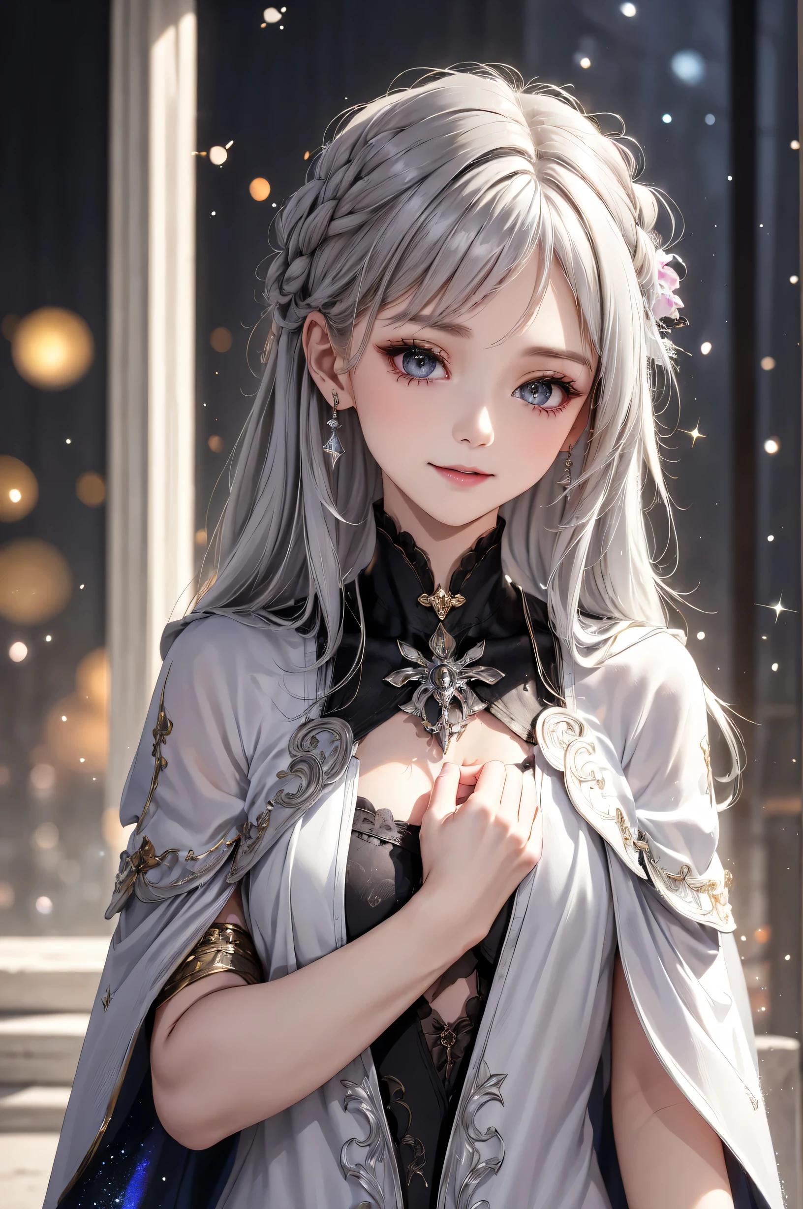 ((upper body:1.3))(masterpiece),(4K),high quality,(small breasts),sexy girl、Sexy Saints , Long Silver Hair ,My skin is white,smile, Beautifully detailed gray eyes, ( high-definition and elegant ),( White Capelet Fashion), magical color and atmosphere, detailed skin from sleeve to chest,(Cute sparkle), Particles of Light, The background is softly blurry , Adds a dramatic and symbolic element to the scene, Explanatory border in front of the large end, Bokeh, silky touch , see-through silk, soft, Lightweight clothing、beautiful and neat face、see-through 、 hyperdetail,creates a dreamy elegant atmosphere