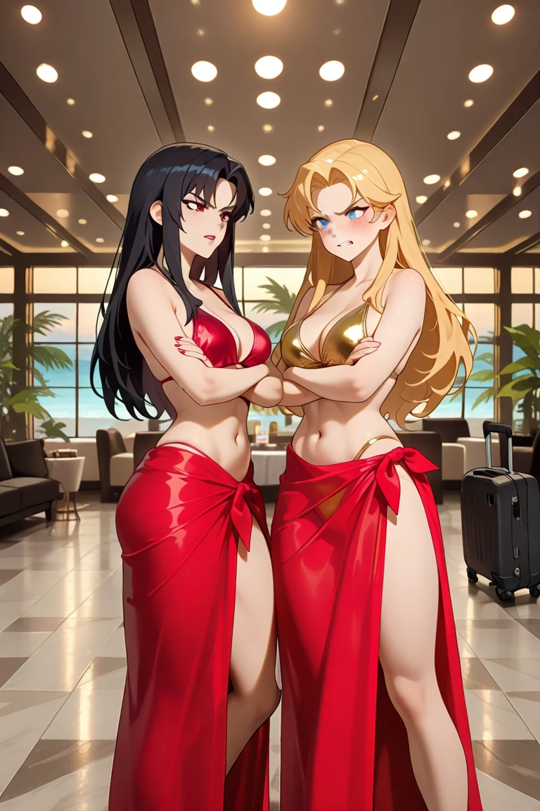 (16K), (2heads:1.5), 1girl, two headed woman, smiling, highres, masterpiece, ((red hair)), ((blue hair)), ((different hair color)), cleavage, ((golden yellow dress:1.5)), lustrous and smooth skin, (mature woman), (yellow eyes), ((queen dress)), seductive silhouette, ((slim hips)), (one-sided strapless beige top), (beige skirt), blouse, looking sexy, beautiful, tight, tight dress, long hair