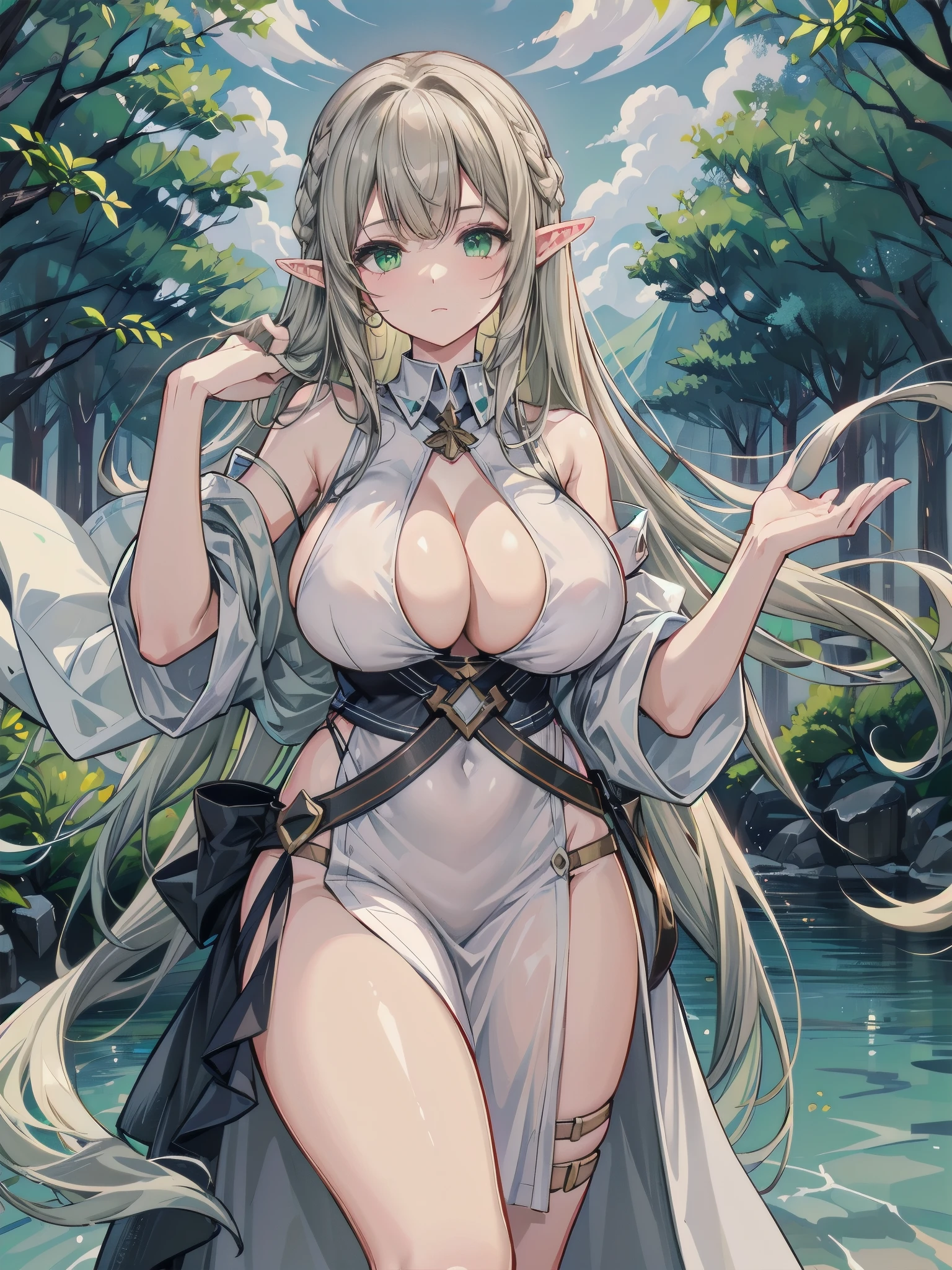 Blonde hair and blue eyes　Long Hair　Elf　Big Breasts　naked　Wet　towel　Embarrassing　hot spring　Erotic　blush　Large Breasts　Beauty　cute　Highest quality　black tights　get caught　Hanged　Hands tied　Scared　Dark Room