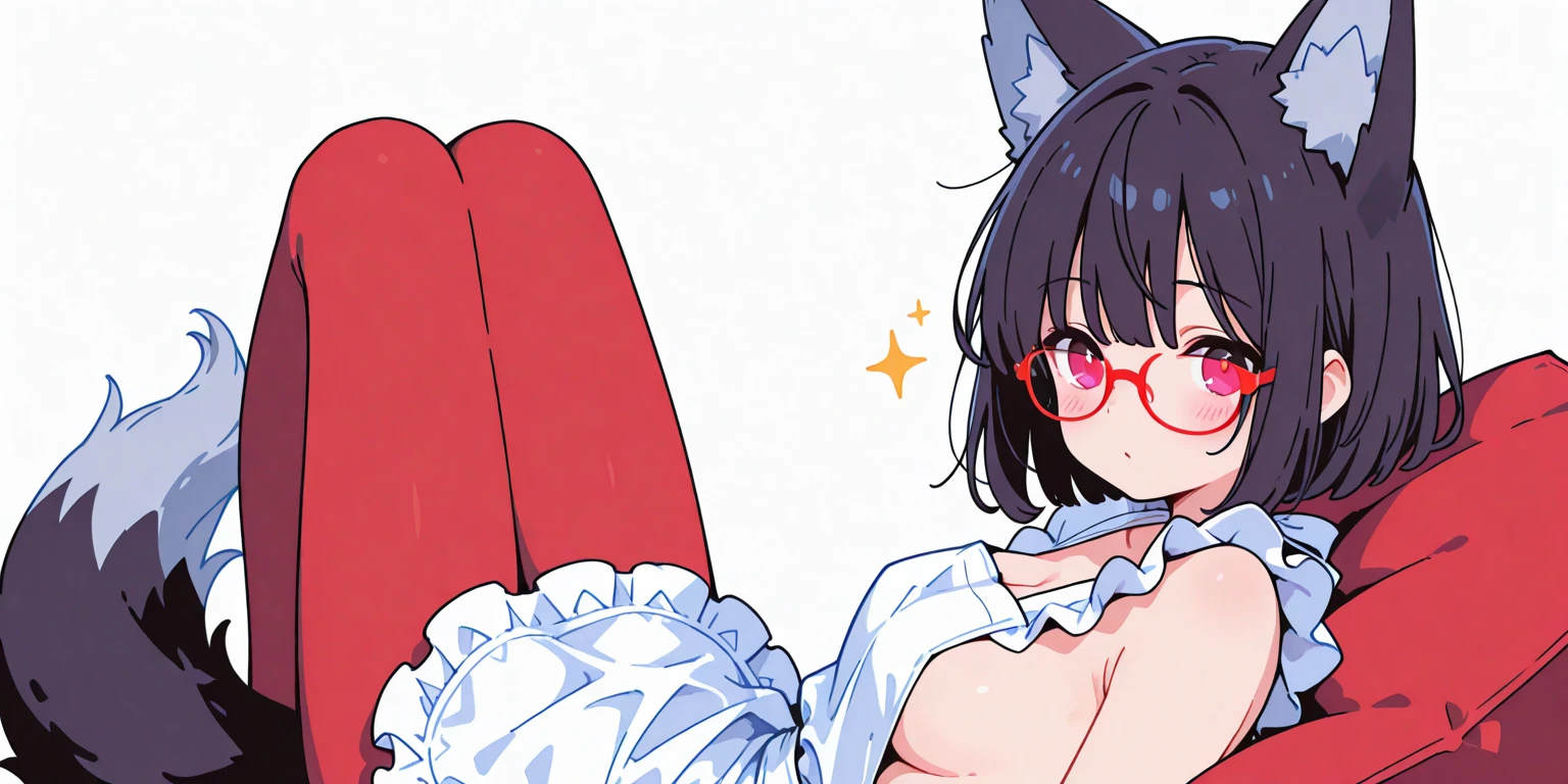 Solo, anthro, feline, domestic cat, grey fur, grey body, brown hair, short hair, brown eyes, red glasses, topless, by bebebebebe, by pgm300, by buta99, by suurin 2, by sindoll, by kishibe, full body, cute panties, white panties, frilly panties, thicc, thighs, embarrassed, blushing, medium breasts, shy, presenting panties