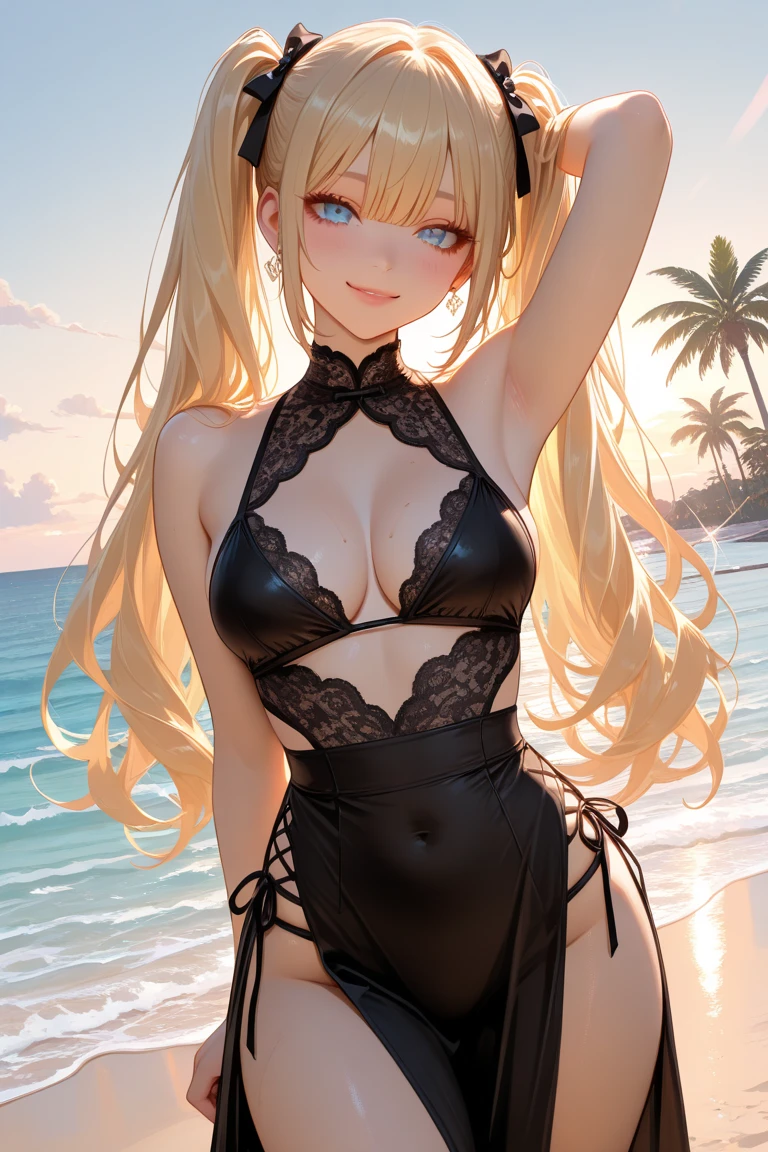 1 woman (navia) ,(genshinimpact ),blonde,(wavy hair curl),  blue eyes ,blush ,open mouth, looking at viewer, bikini (yellow,black) ,[ hat (black) ,flower on hat (yellow ,golden)], tropical ,morning, big breasts, 